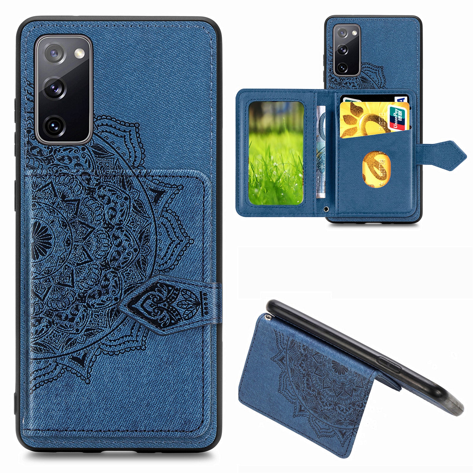 Card Slot Design PU Leather Coated TPU Phone Case with Kickstand and Strap for Samsung Galaxy S20 FE 4G/FE 5G/S20 Lite/S20 FE 2022  - Blue