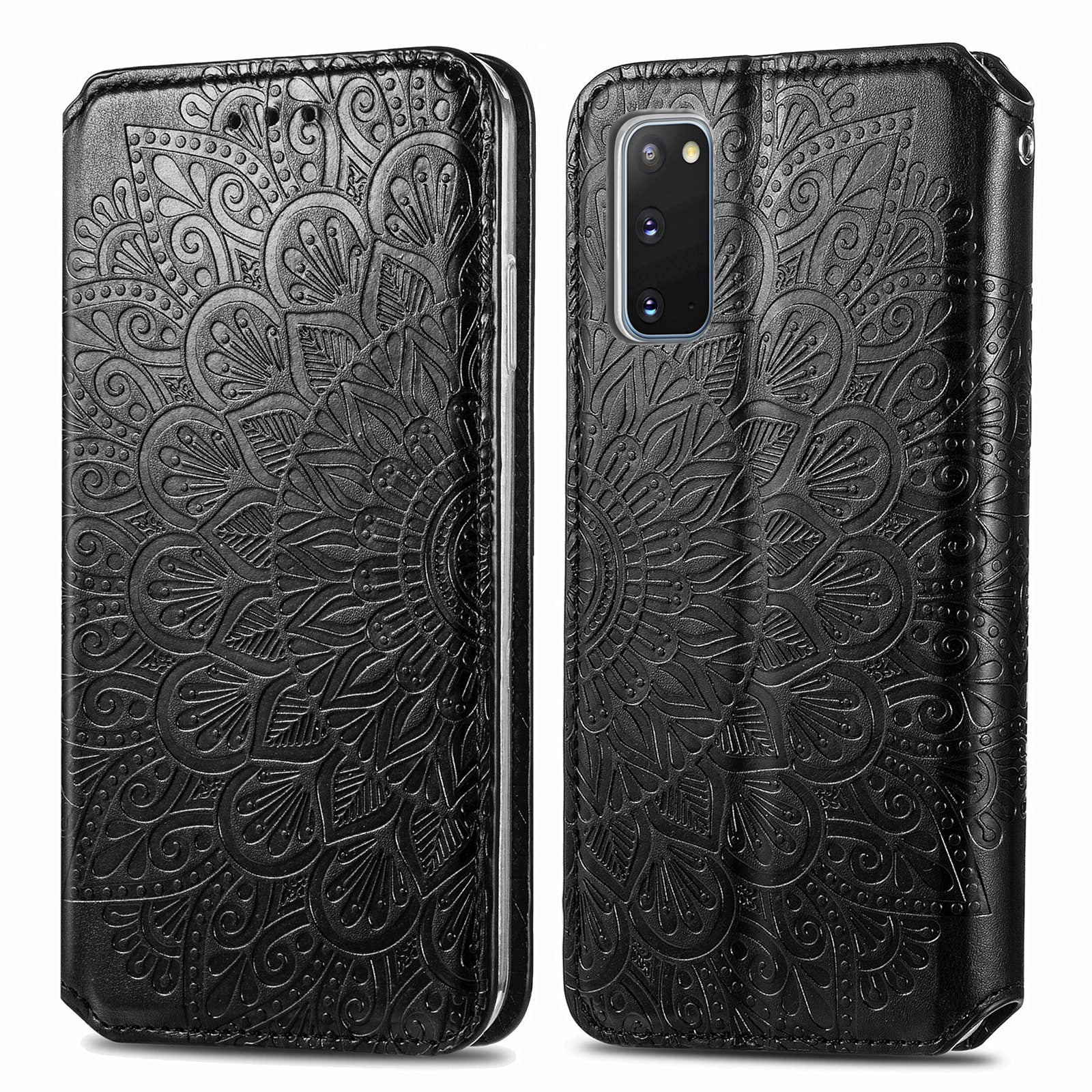 Imprinted Mandala Flower Pattern Auto-absorbed PU Leather Case Stand Wallet for Samsung Galaxy S20 4G/S20 5G - Black