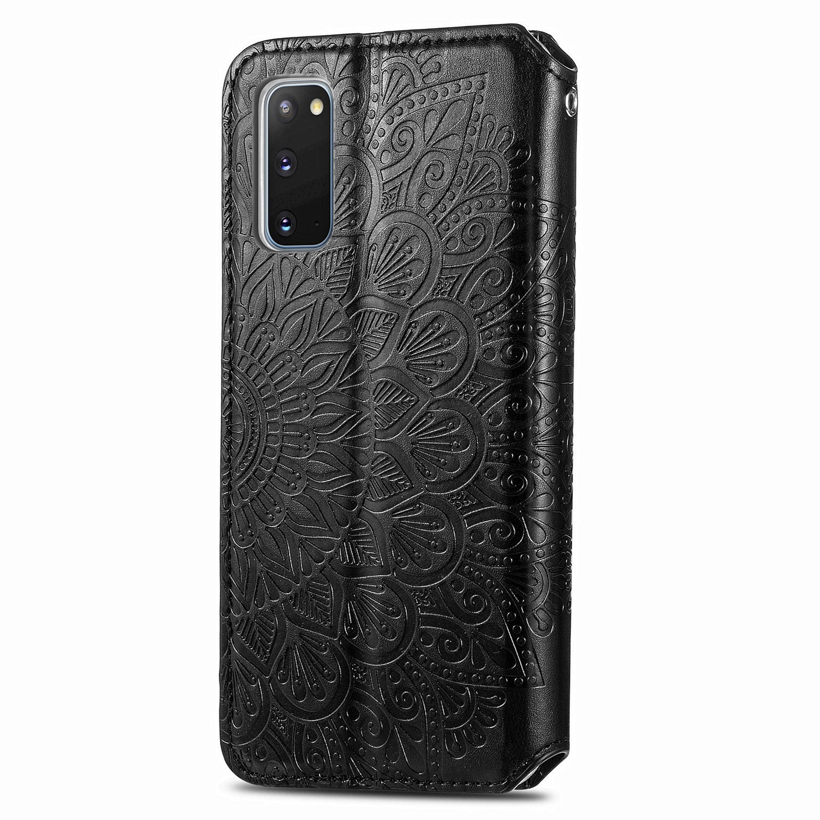 Imprinted Mandala Flower Pattern Auto-absorbed PU Leather Case Stand Wallet for Samsung Galaxy S20 4G/S20 5G - Black