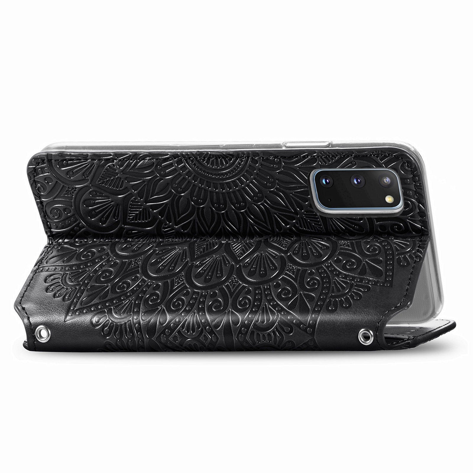 Imprinted Mandala Flower Pattern Auto-absorbed PU Leather Case Stand Wallet for Samsung Galaxy S20 4G/S20 5G - Black