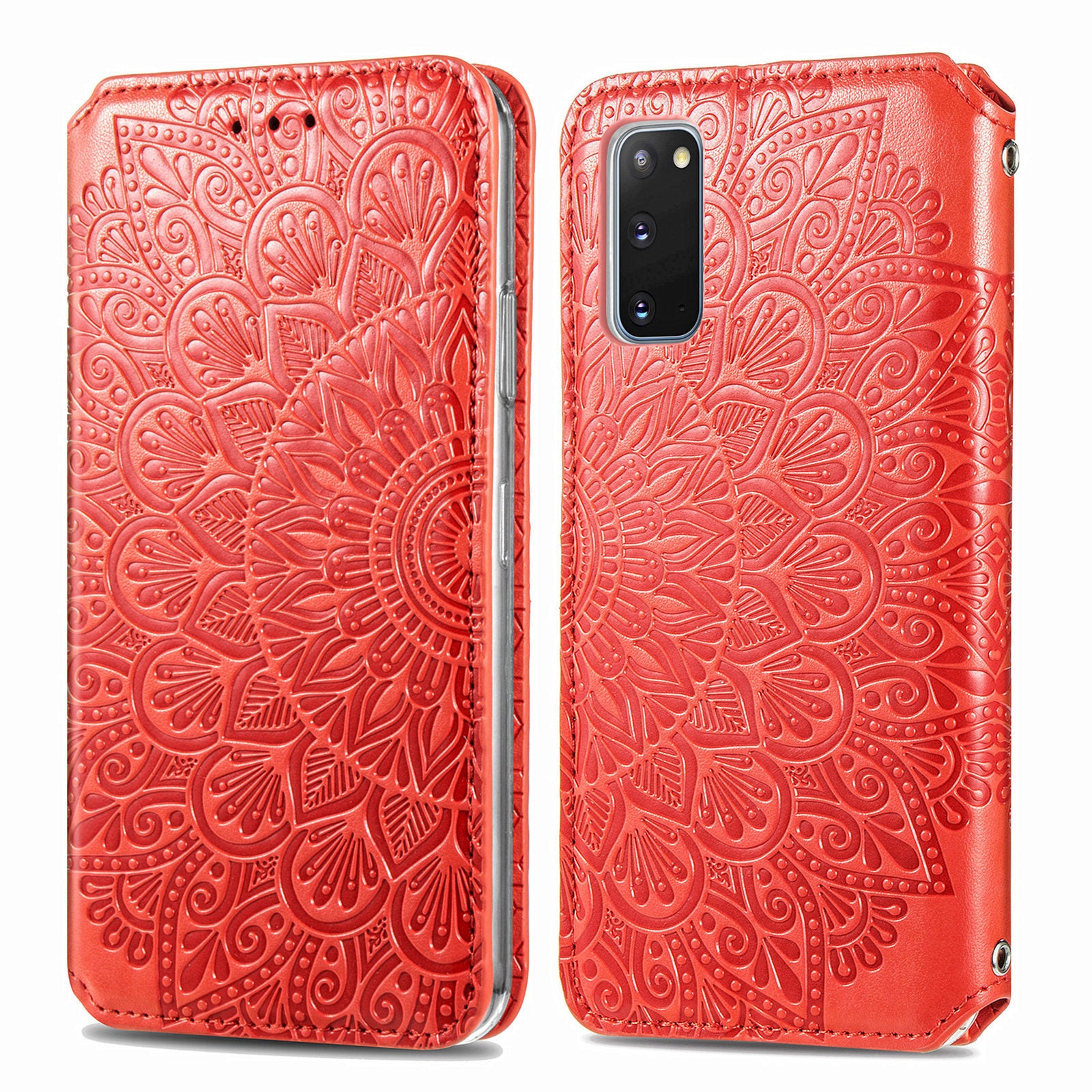 Imprinted Mandala Flower Pattern Auto-absorbed PU Leather Case Stand Wallet for Samsung Galaxy S20 4G/S20 5G - Red