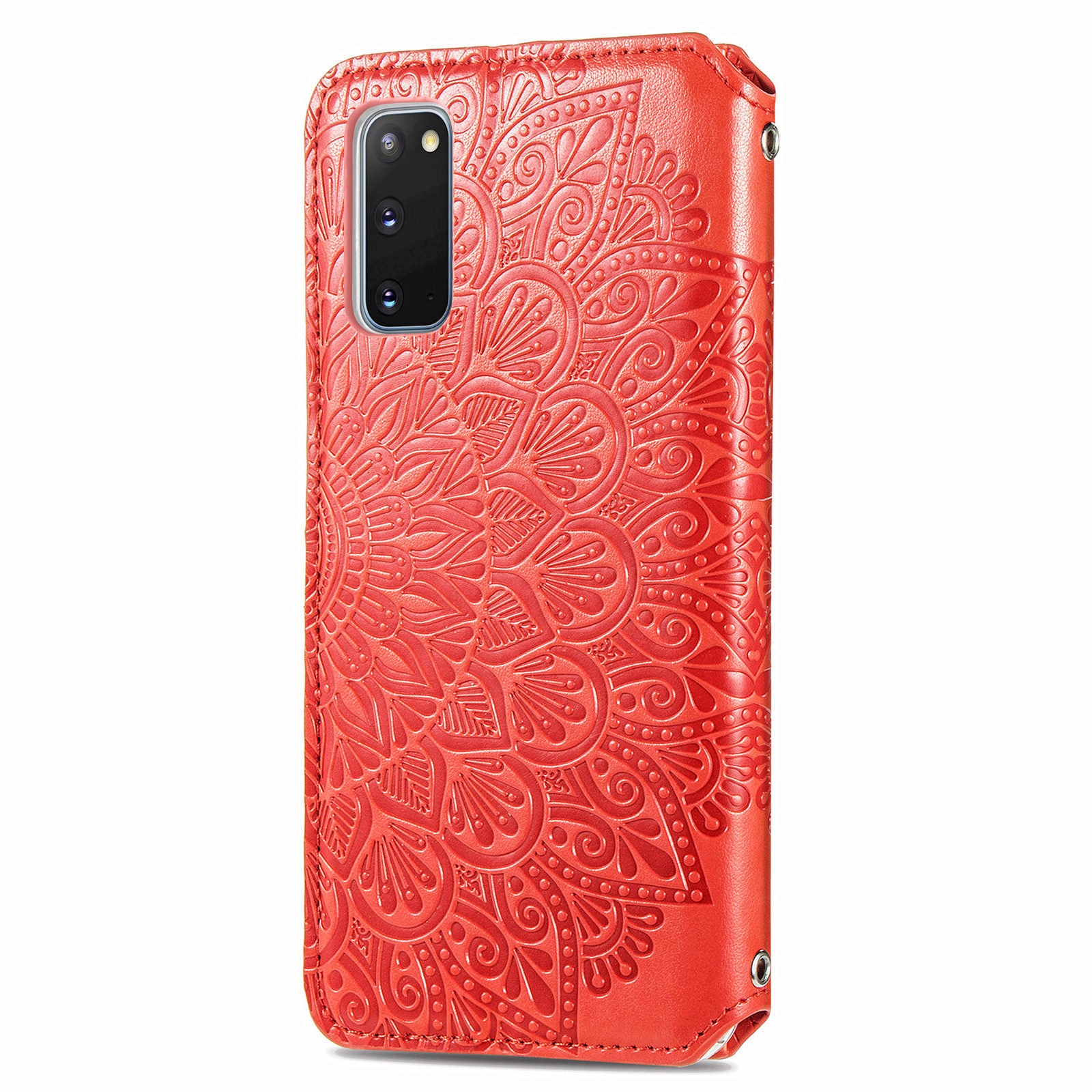 Imprinted Mandala Flower Pattern Auto-absorbed PU Leather Case Stand Wallet for Samsung Galaxy S20 4G/S20 5G - Red