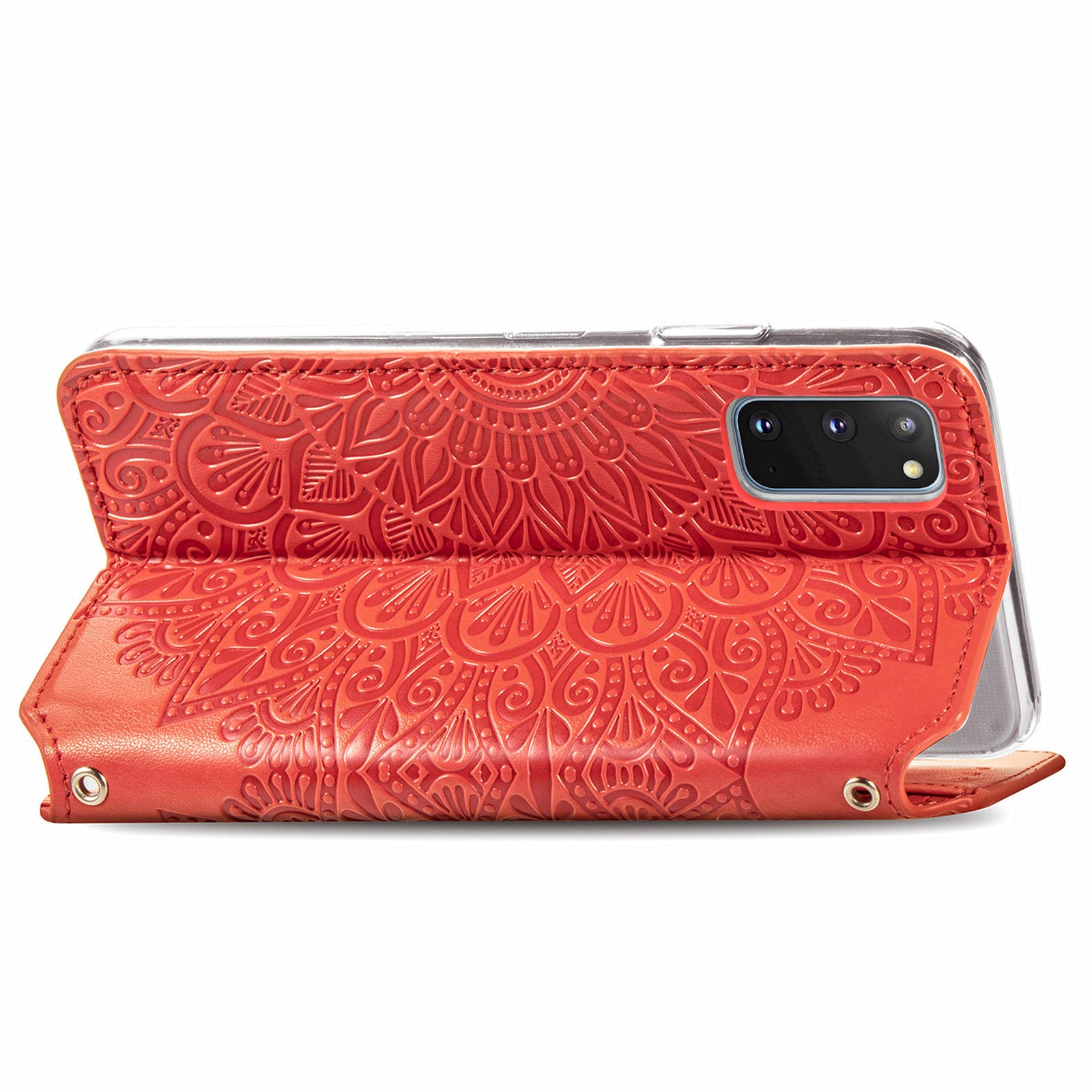 Imprinted Mandala Flower Pattern Auto-absorbed PU Leather Case Stand Wallet for Samsung Galaxy S20 4G/S20 5G - Red