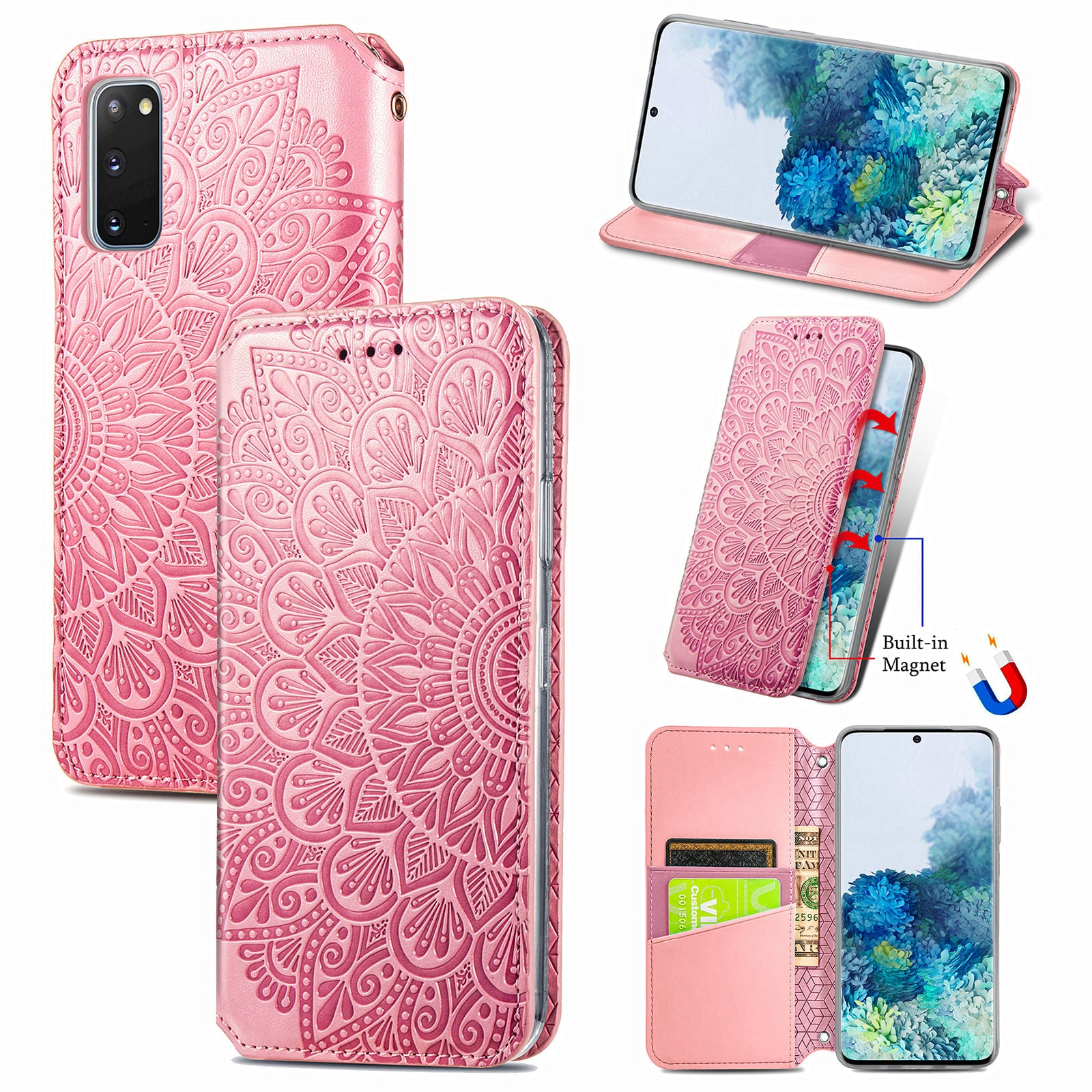 Imprinted Mandala Flower Pattern Auto-absorbed PU Leather Case Stand Wallet for Samsung Galaxy S20 4G/S20 5G - Pink