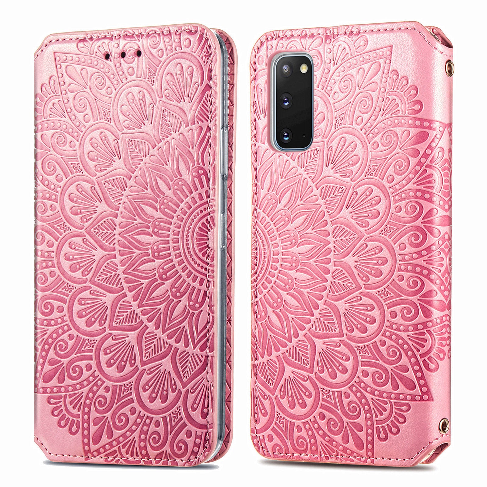 Imprinted Mandala Flower Pattern Auto-absorbed PU Leather Case Stand Wallet for Samsung Galaxy S20 4G/S20 5G - Pink