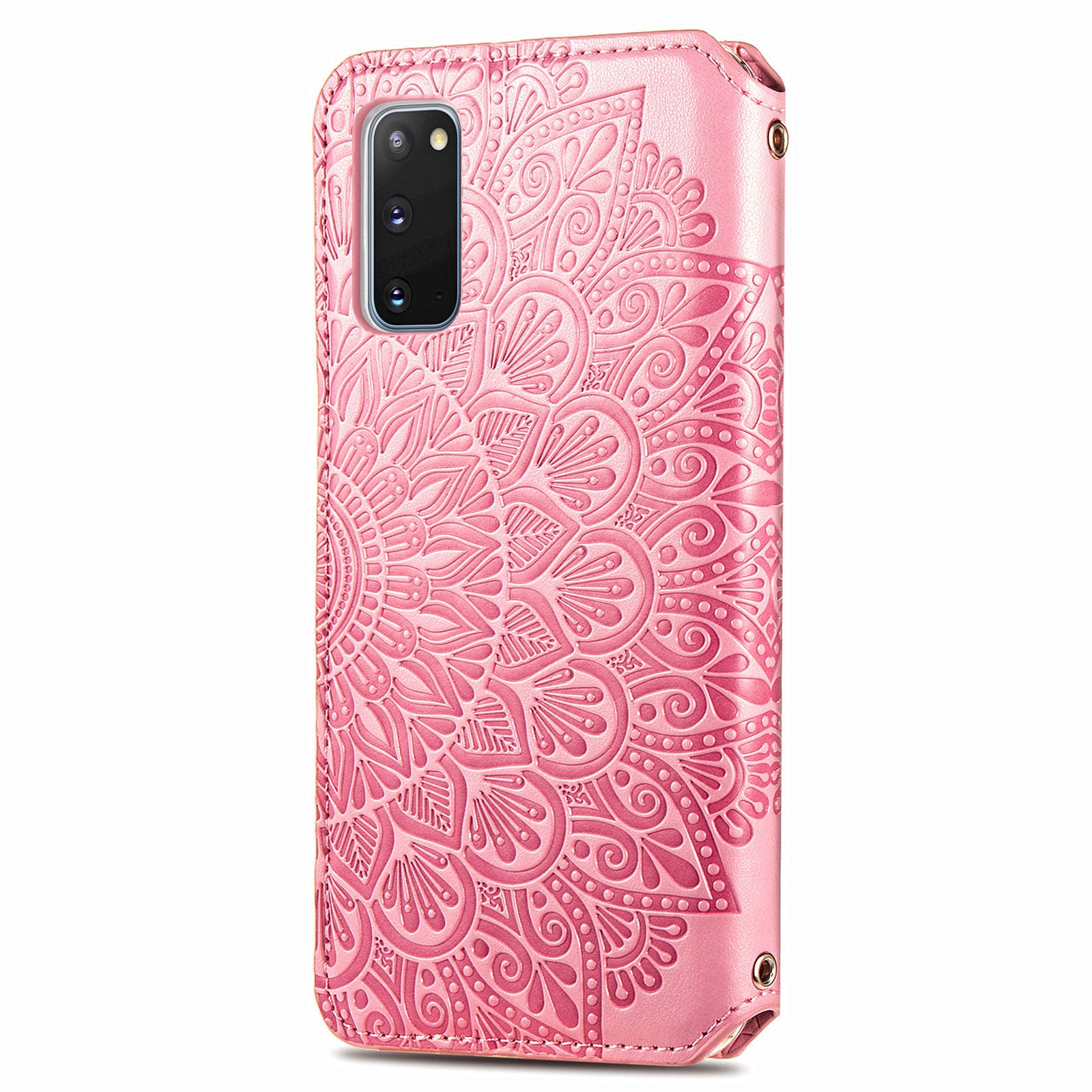 Imprinted Mandala Flower Pattern Auto-absorbed PU Leather Case Stand Wallet for Samsung Galaxy S20 4G/S20 5G - Pink