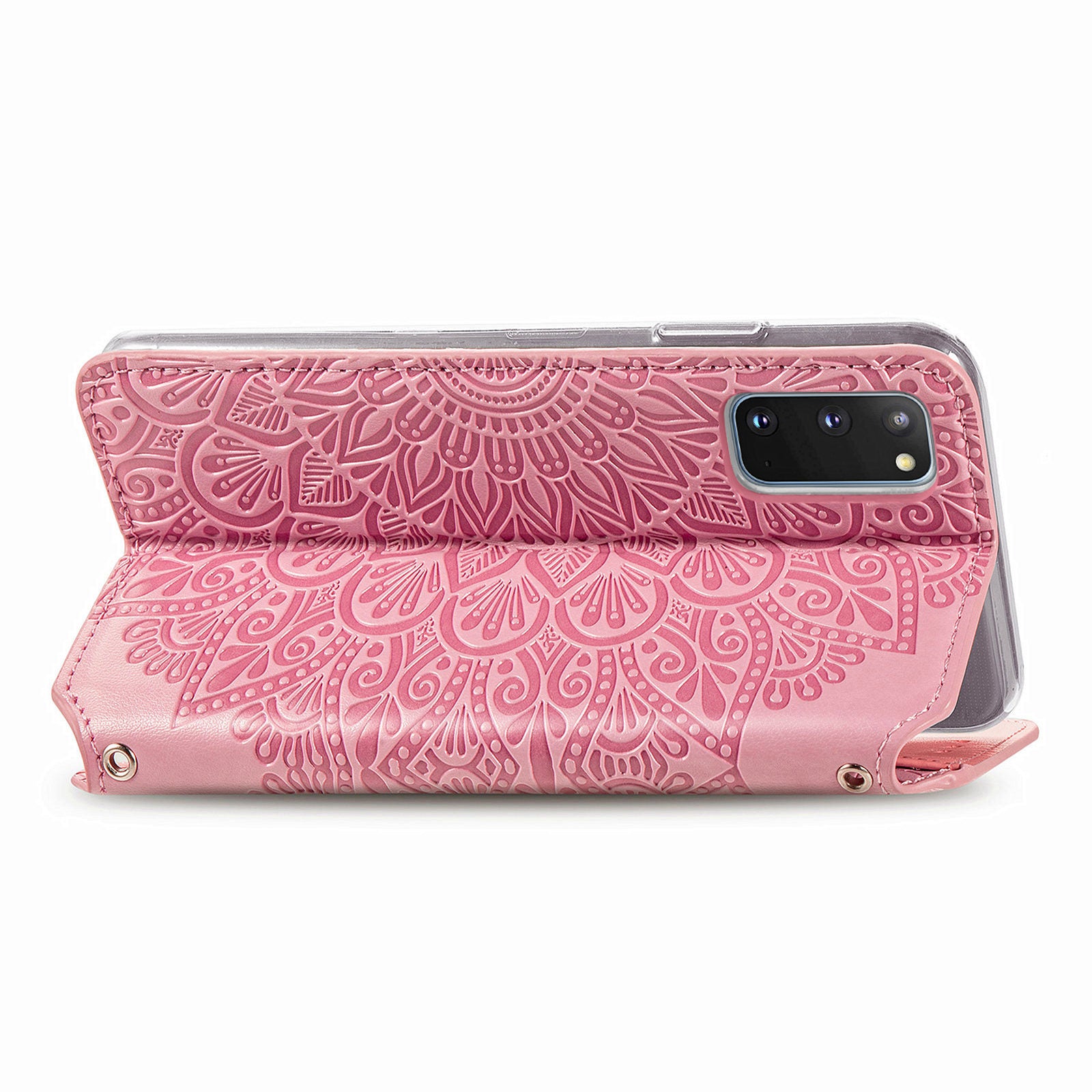 Imprinted Mandala Flower Pattern Auto-absorbed PU Leather Case Stand Wallet for Samsung Galaxy S20 4G/S20 5G - Pink