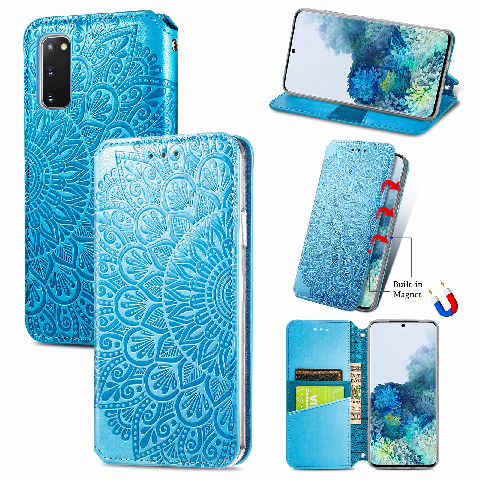 Imprinted Mandala Flower Pattern Auto-absorbed PU Leather Case Stand Wallet for Samsung Galaxy S20 4G/S20 5G - Blue