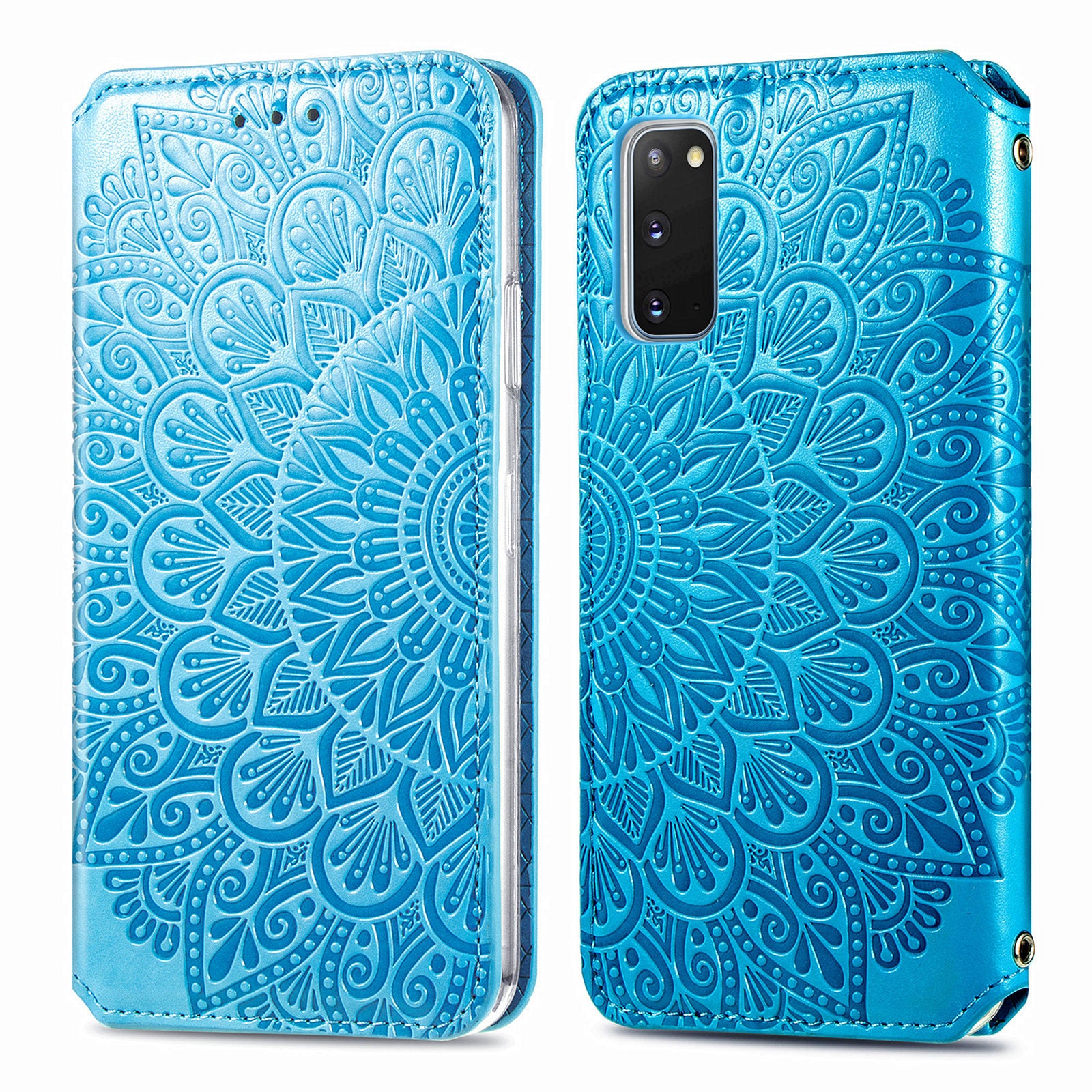 Imprinted Mandala Flower Pattern Auto-absorbed PU Leather Case Stand Wallet for Samsung Galaxy S20 4G/S20 5G - Blue