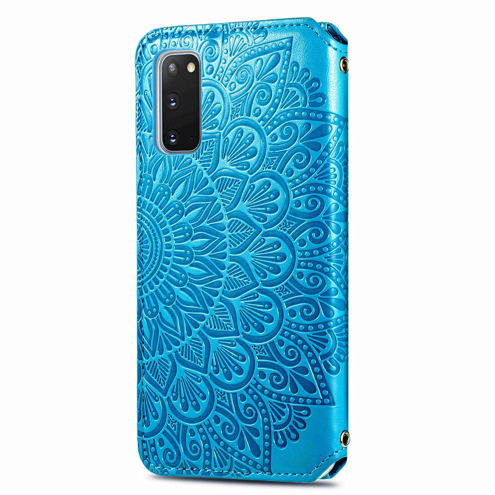 Imprinted Mandala Flower Pattern Auto-absorbed PU Leather Case Stand Wallet for Samsung Galaxy S20 4G/S20 5G - Blue