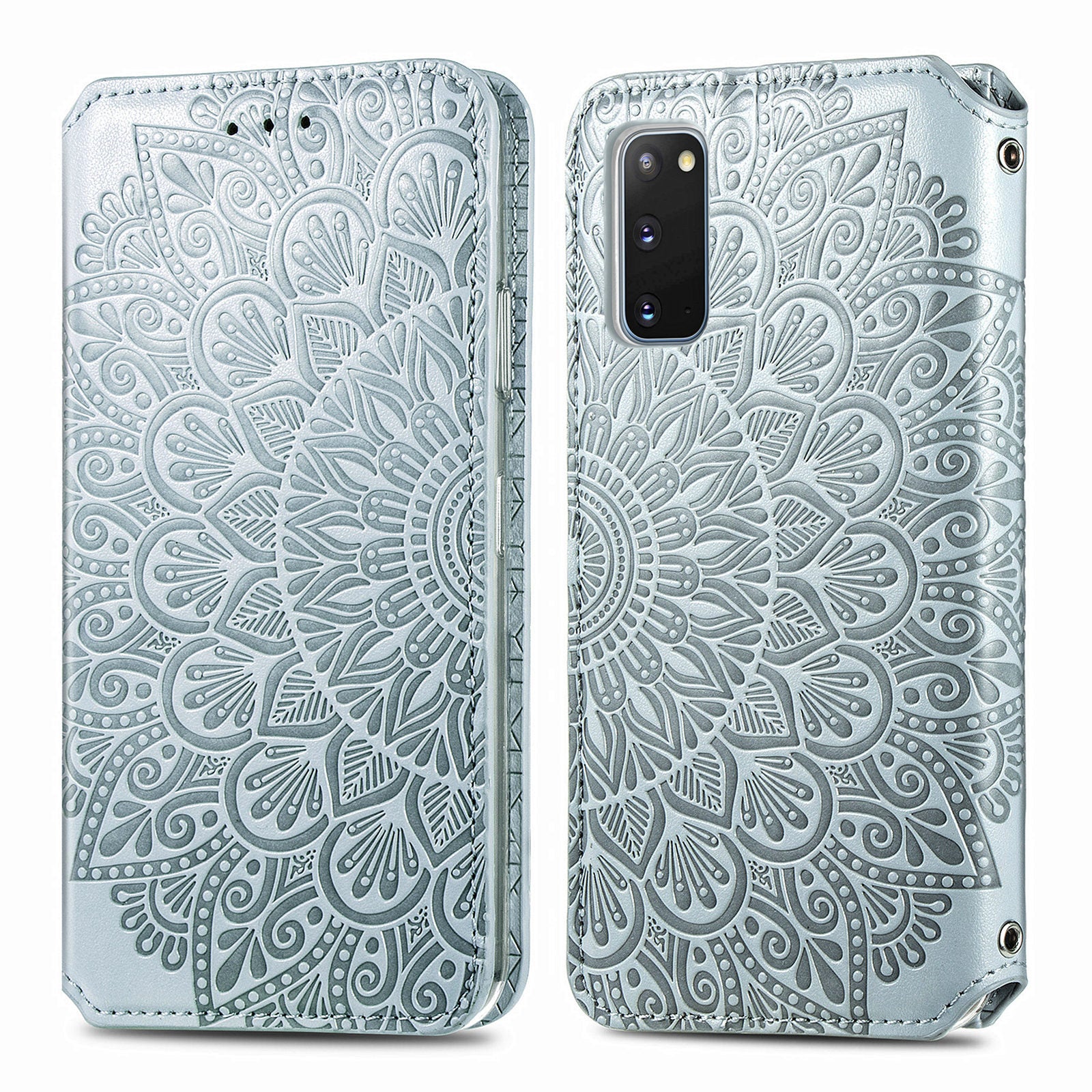 Imprinted Mandala Flower Pattern Auto-absorbed PU Leather Case Stand Wallet for Samsung Galaxy S20 4G/S20 5G - Grey