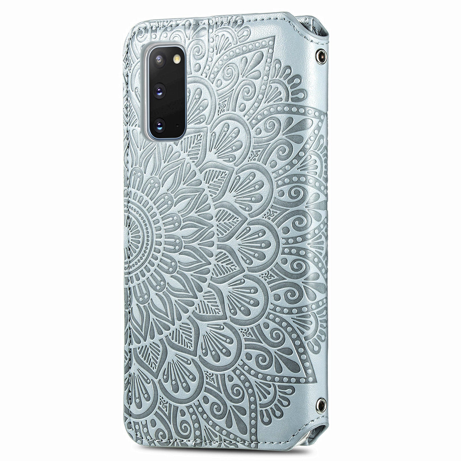 Imprinted Mandala Flower Pattern Auto-absorbed PU Leather Case Stand Wallet for Samsung Galaxy S20 4G/S20 5G - Grey