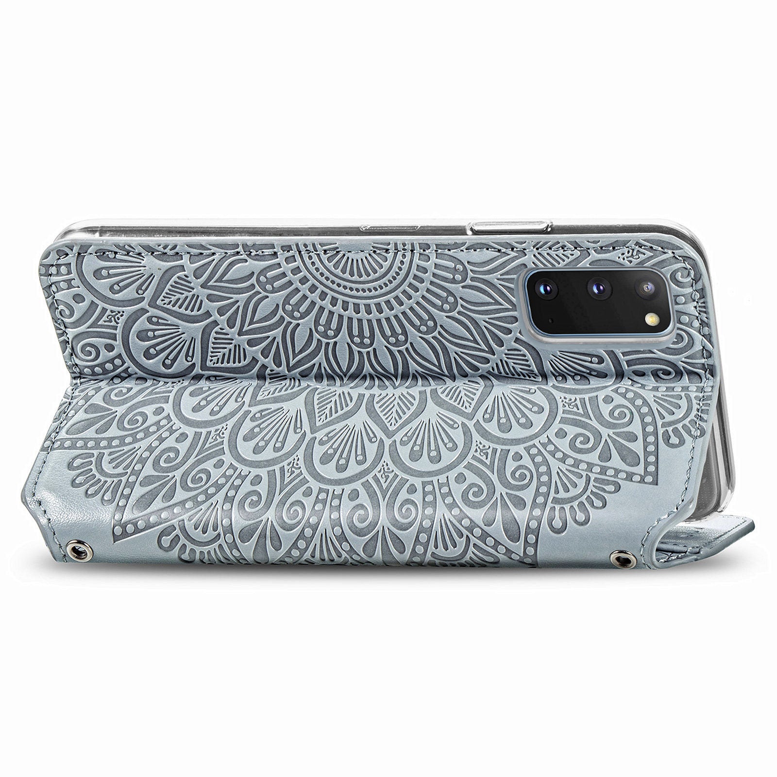 Imprinted Mandala Flower Pattern Auto-absorbed PU Leather Case Stand Wallet for Samsung Galaxy S20 4G/S20 5G - Grey