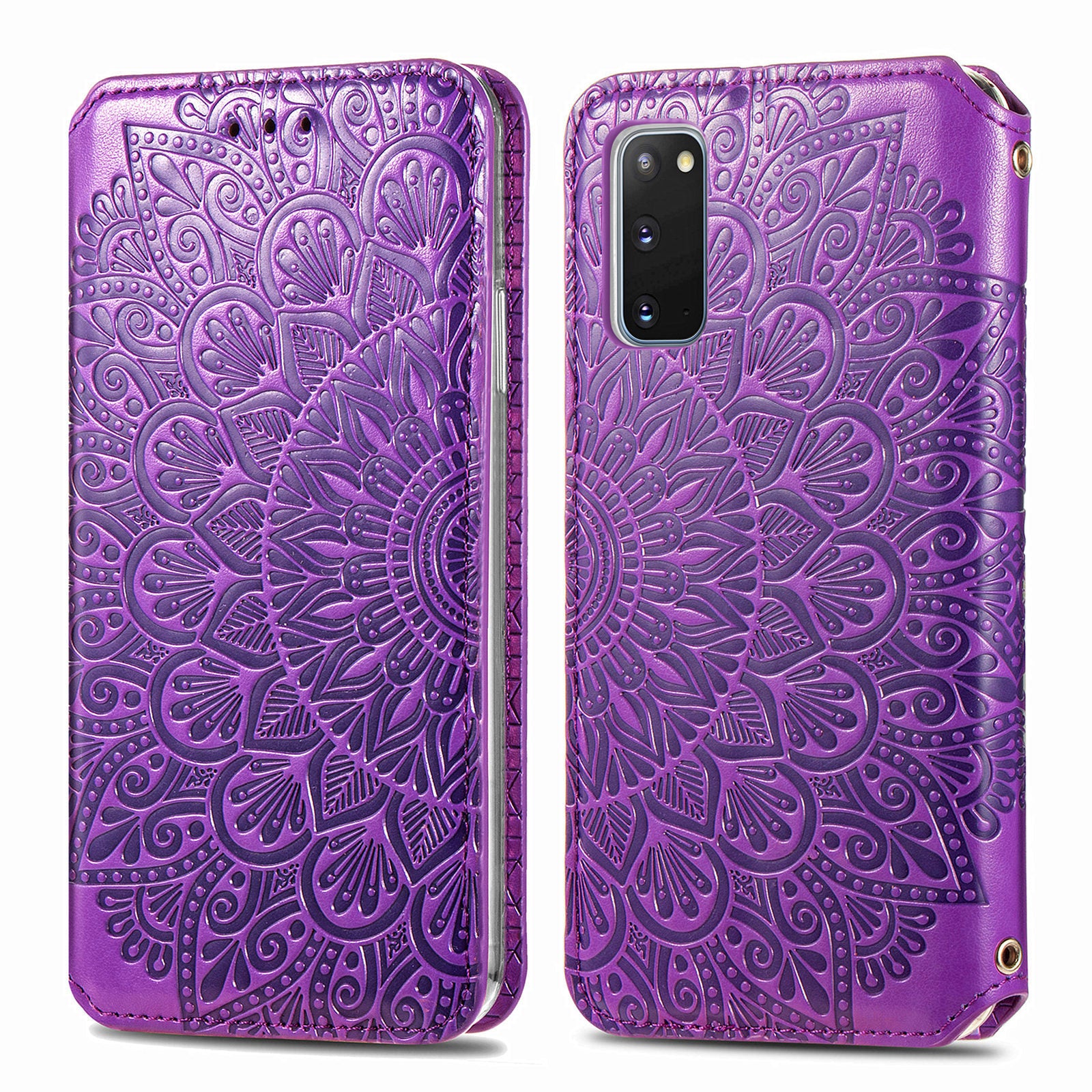 Imprinted Mandala Flower Pattern Auto-absorbed PU Leather Case Stand Wallet for Samsung Galaxy S20 4G/S20 5G - Purple