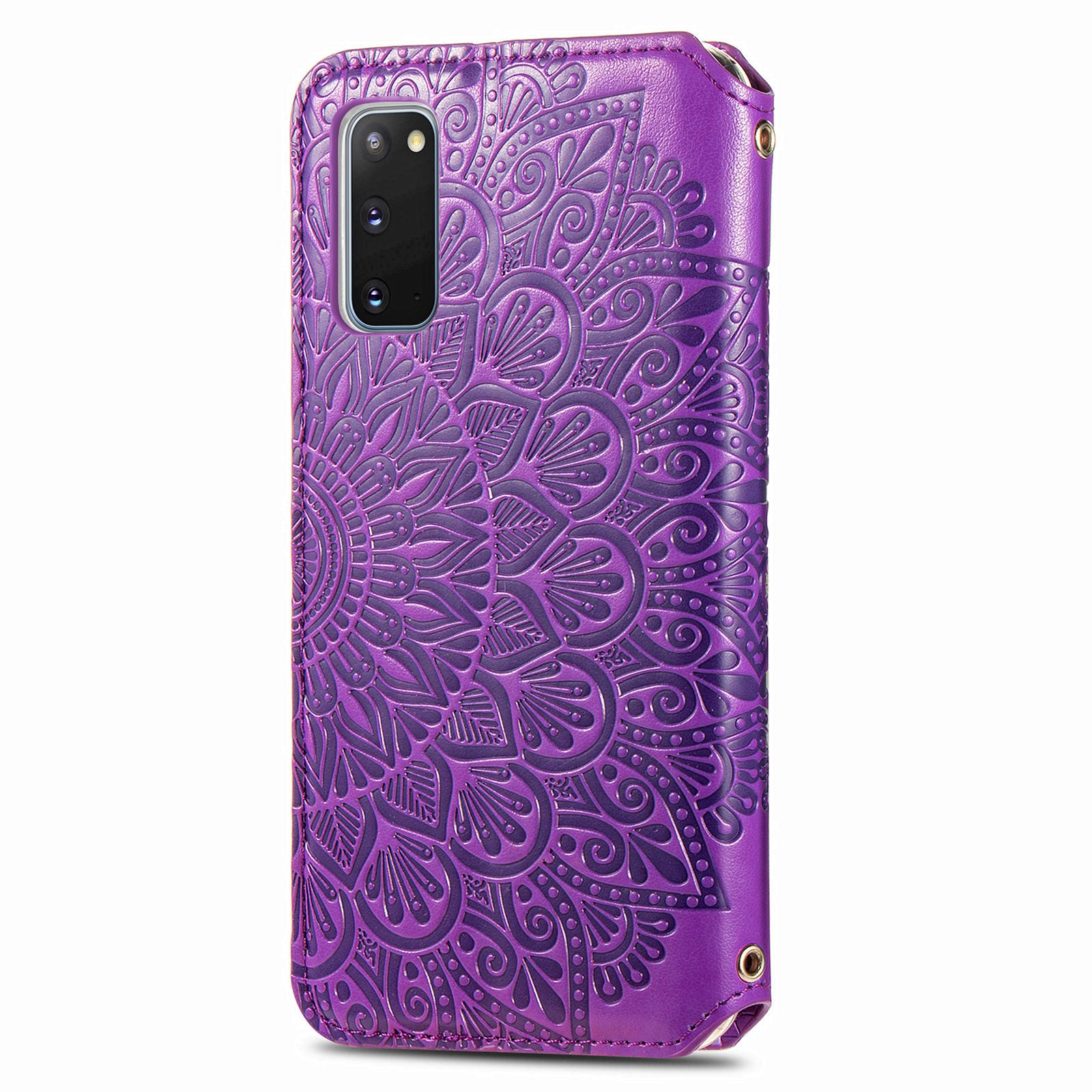 Imprinted Mandala Flower Pattern Auto-absorbed PU Leather Case Stand Wallet for Samsung Galaxy S20 4G/S20 5G - Purple