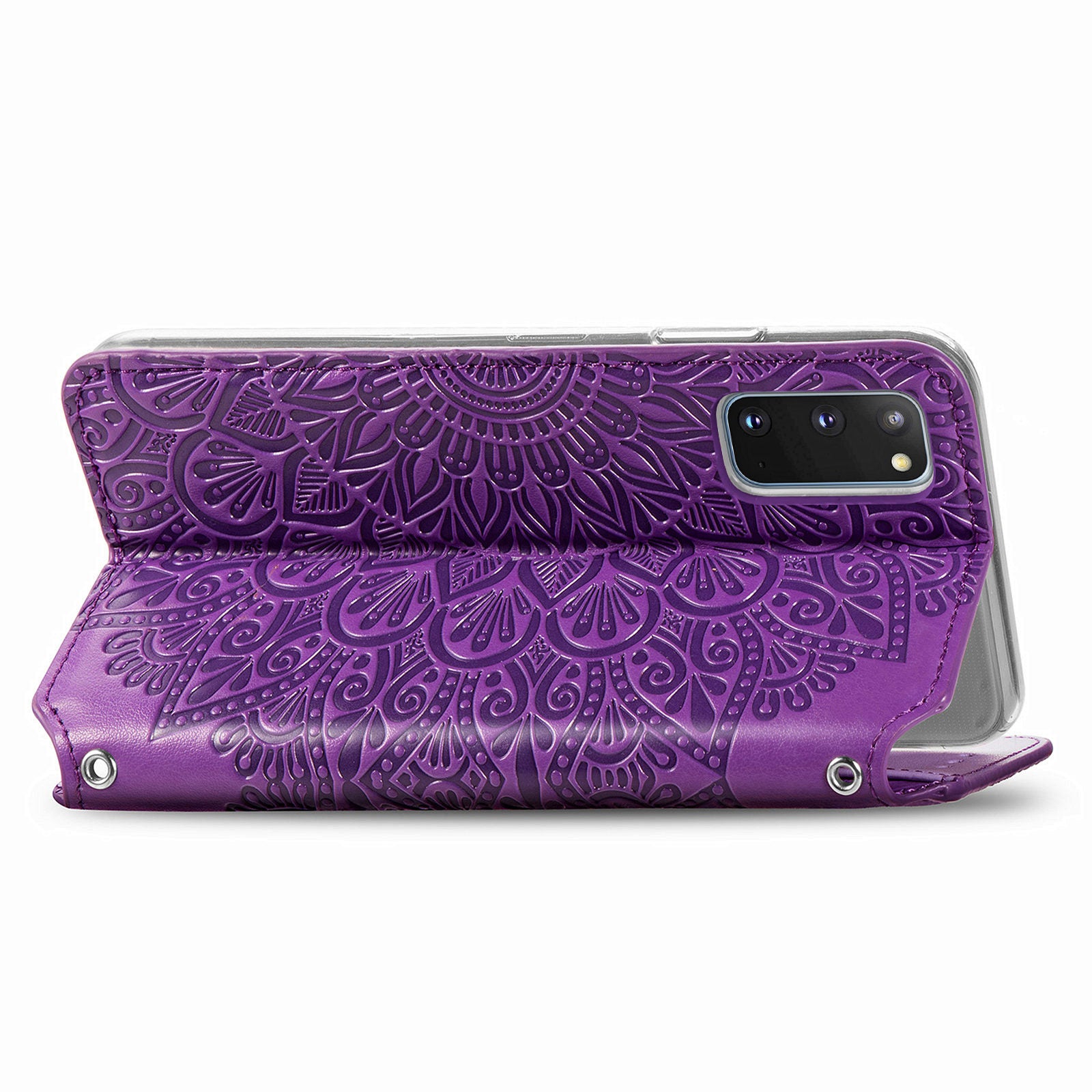 Imprinted Mandala Flower Pattern Auto-absorbed PU Leather Case Stand Wallet for Samsung Galaxy S20 4G/S20 5G - Purple