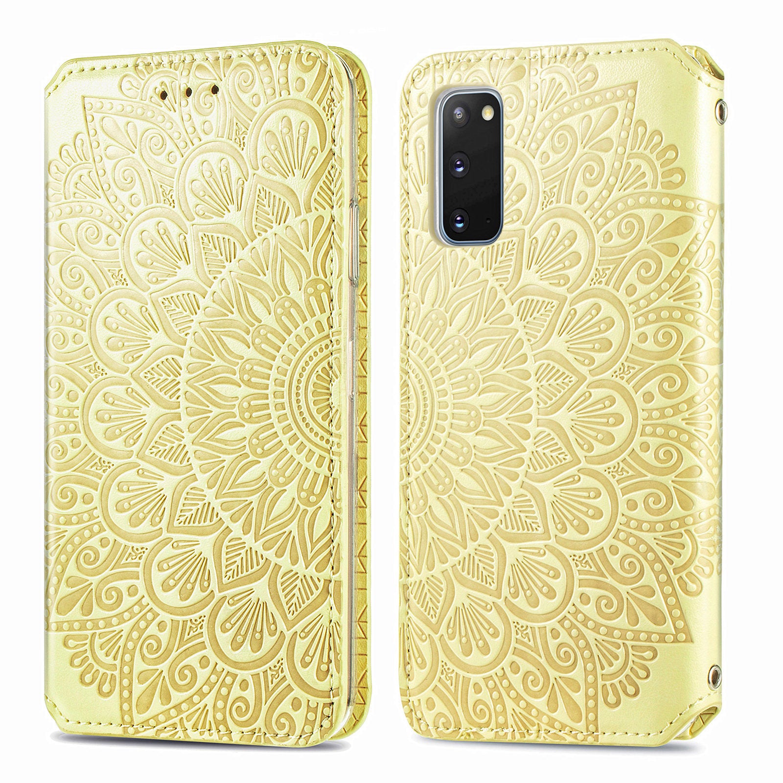 Imprinted Mandala Flower Pattern Auto-absorbed PU Leather Case Stand Wallet for Samsung Galaxy S20 4G/S20 5G - Yellow