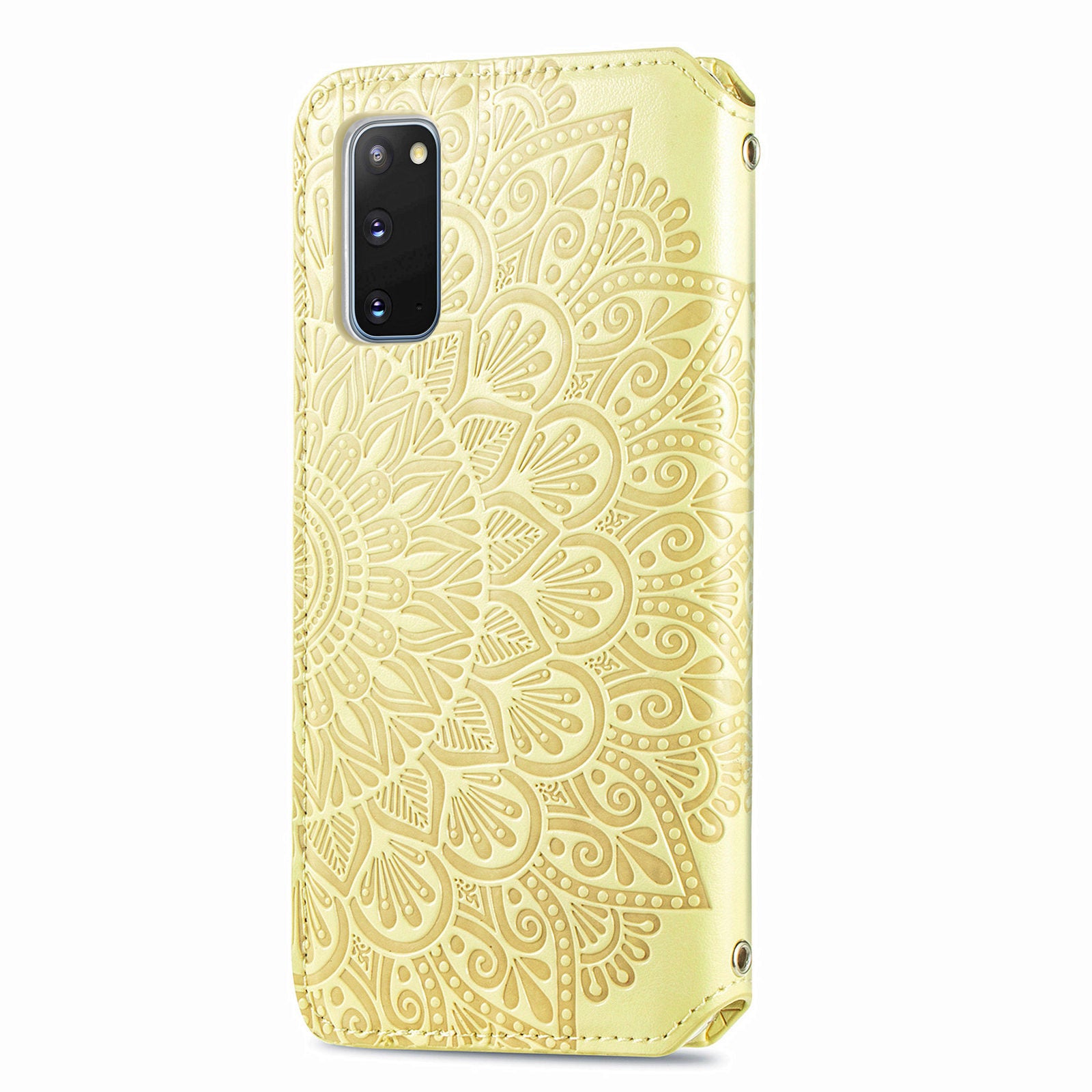 Imprinted Mandala Flower Pattern Auto-absorbed PU Leather Case Stand Wallet for Samsung Galaxy S20 4G/S20 5G - Yellow