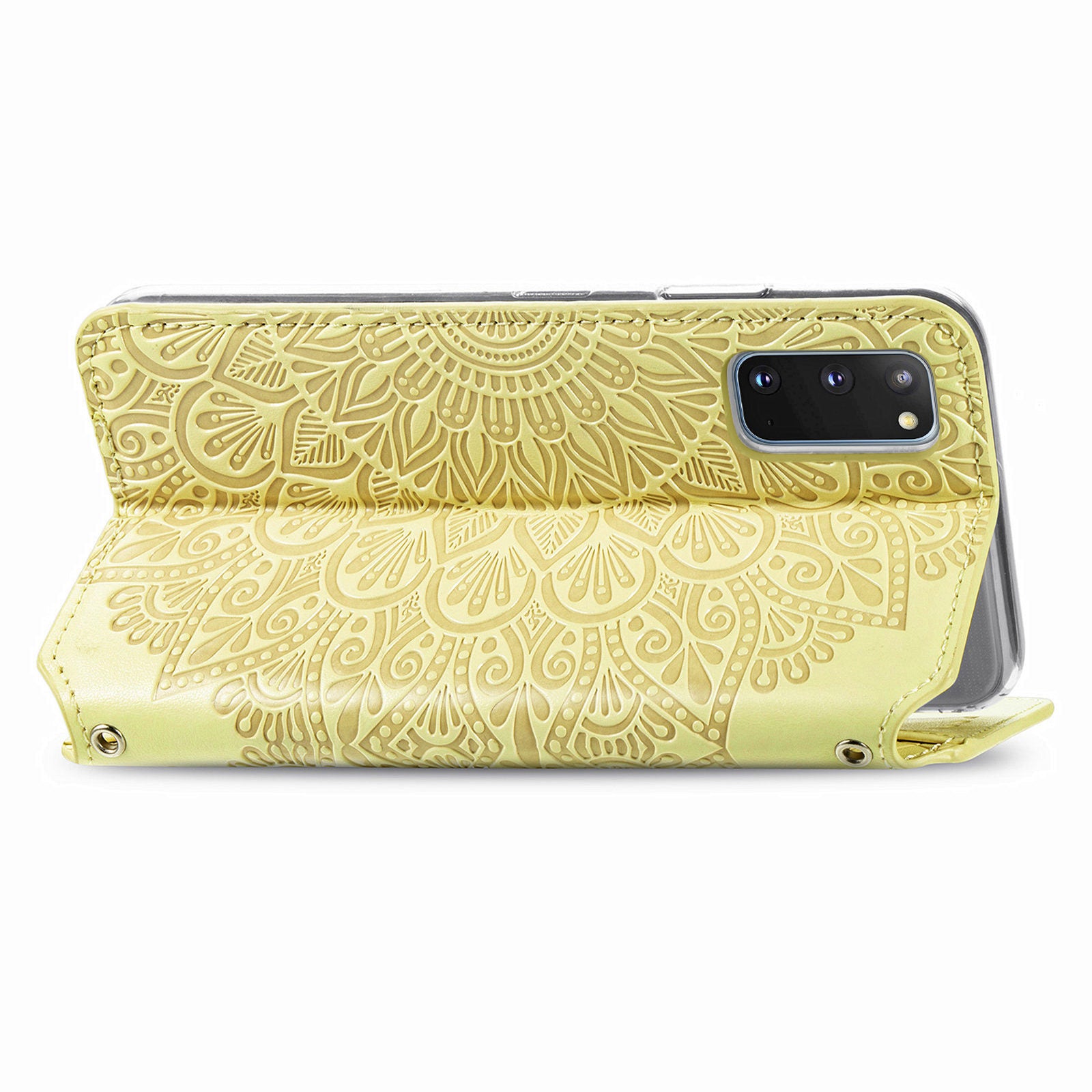 Imprinted Mandala Flower Pattern Auto-absorbed PU Leather Case Stand Wallet for Samsung Galaxy S20 4G/S20 5G - Yellow