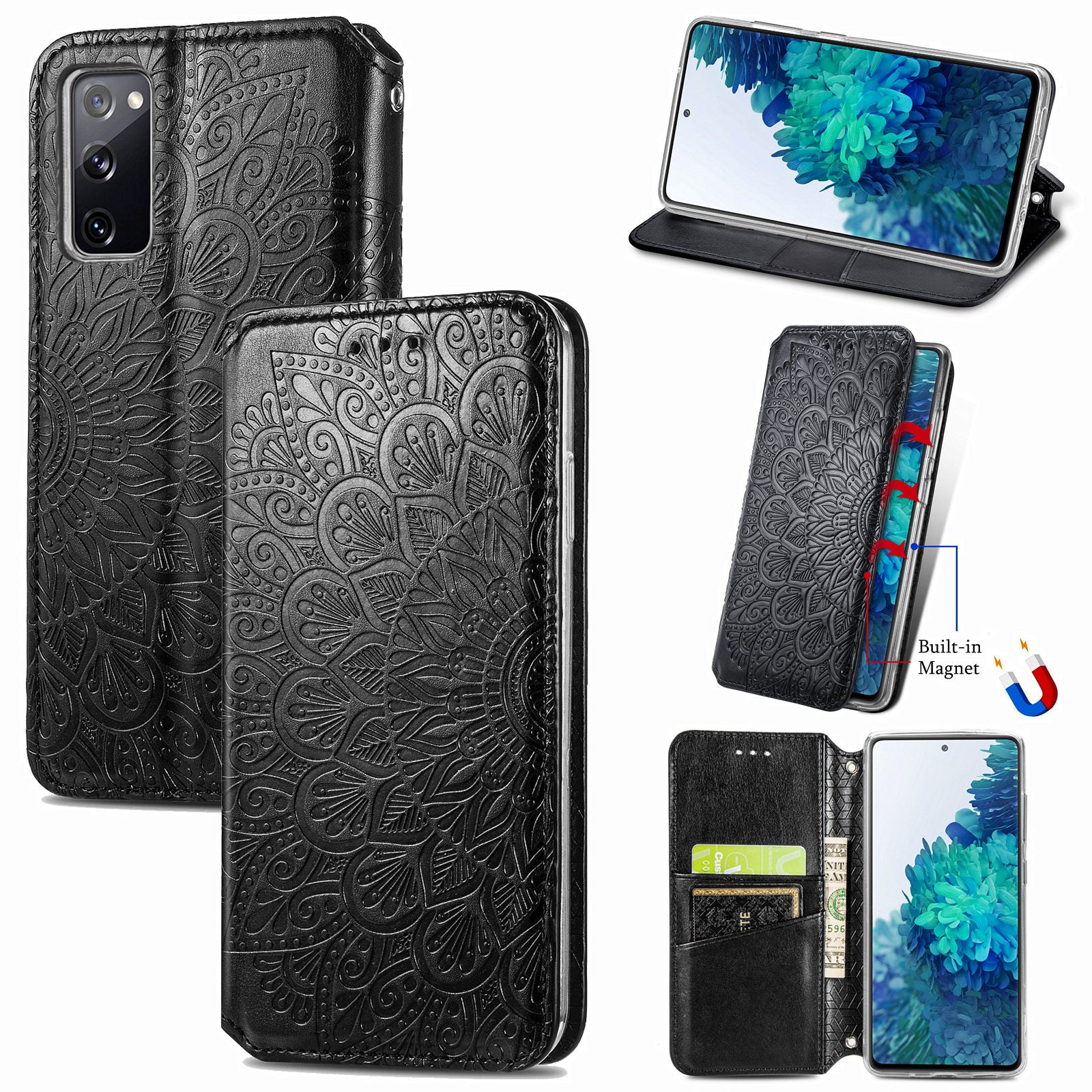 Stand Wallet Design Imprinted Mandala Flower Pattern Auto-absorbed PU Leather Case for Samsung Galaxy S20 FE 4G/FE 5G/S20 Lite/S20 FE 2022  - Black