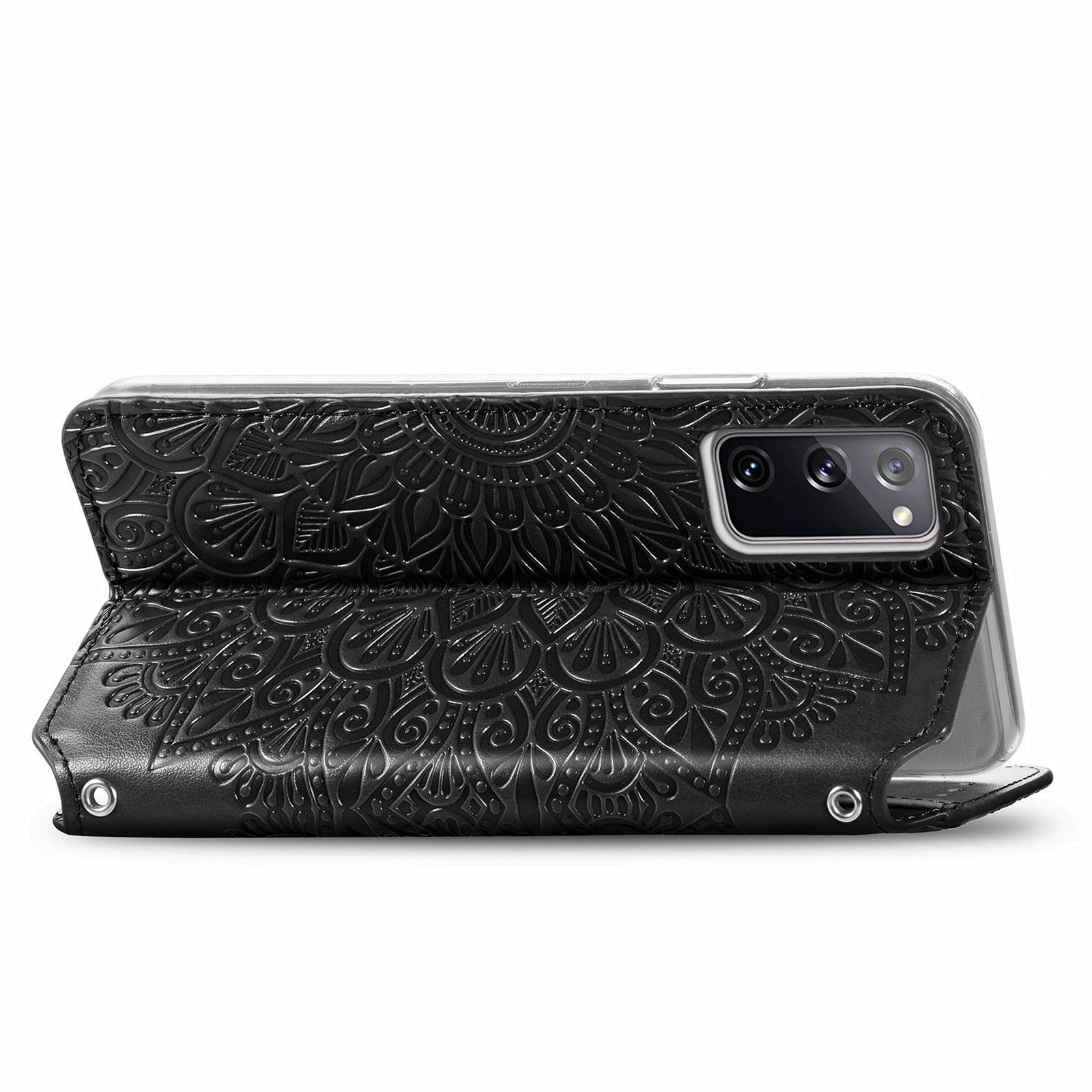 Stand Wallet Design Imprinted Mandala Flower Pattern Auto-absorbed PU Leather Case for Samsung Galaxy S20 FE 4G/FE 5G/S20 Lite/S20 FE 2022  - Black