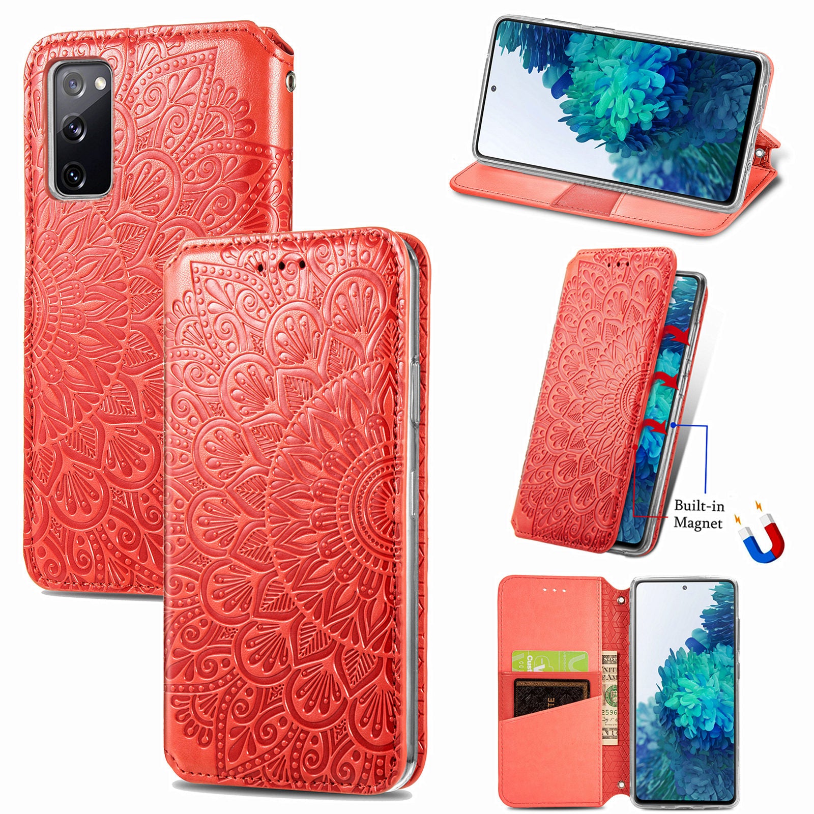 Stand Wallet Design Imprinted Mandala Flower Pattern Auto-absorbed PU Leather Case for Samsung Galaxy S20 FE 4G/FE 5G/S20 Lite/S20 FE 2022  - Red