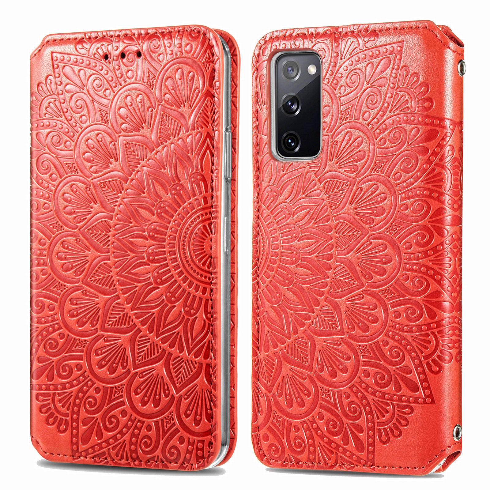 Stand Wallet Design Imprinted Mandala Flower Pattern Auto-absorbed PU Leather Case for Samsung Galaxy S20 FE 4G/FE 5G/S20 Lite/S20 FE 2022  - Red