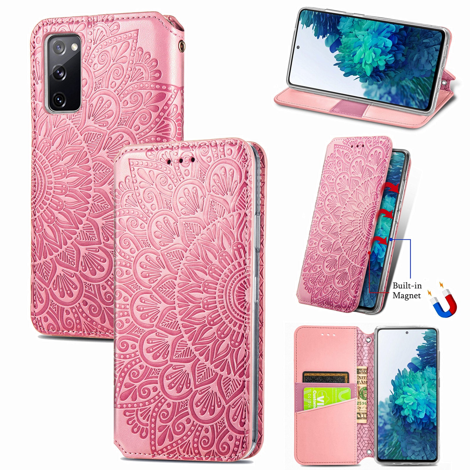 Stand Wallet Design Imprinted Mandala Flower Pattern Auto-absorbed PU Leather Case for Samsung Galaxy S20 FE 4G/FE 5G/S20 Lite/S20 FE 2022  - Pink