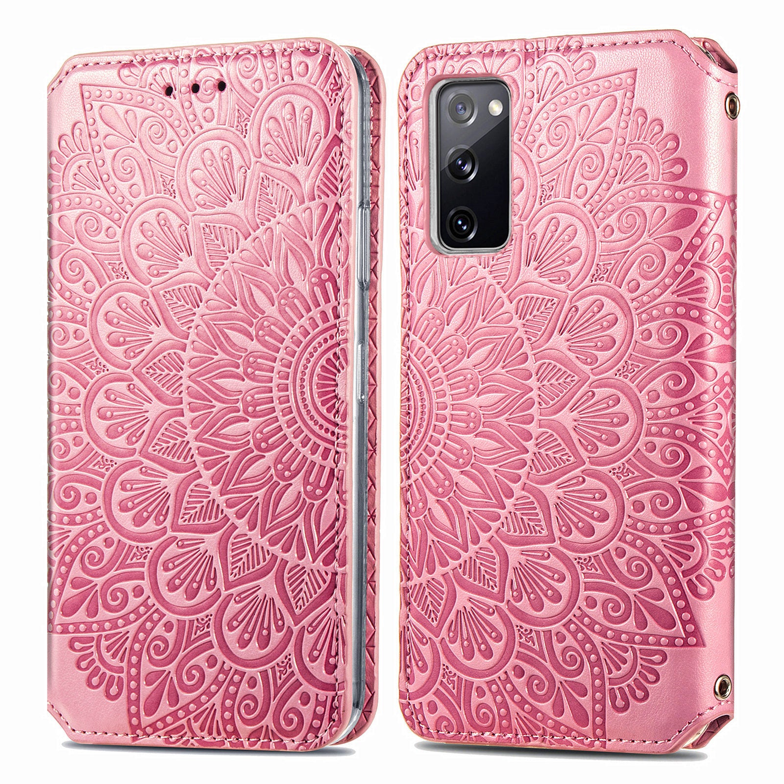 Stand Wallet Design Imprinted Mandala Flower Pattern Auto-absorbed PU Leather Case for Samsung Galaxy S20 FE 4G/FE 5G/S20 Lite/S20 FE 2022  - Pink