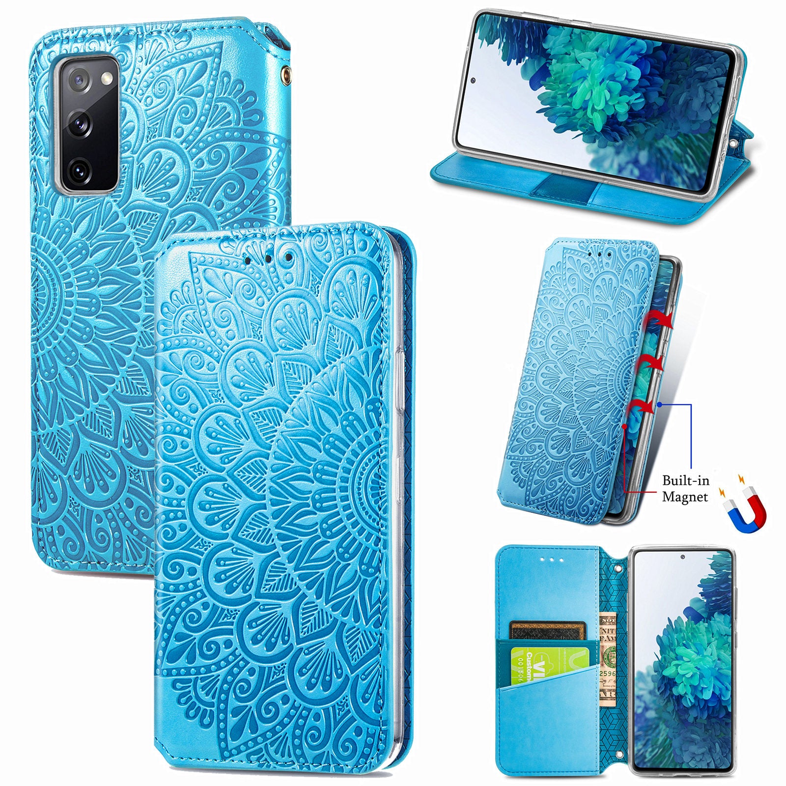 Stand Wallet Design Imprinted Mandala Flower Pattern Auto-absorbed PU Leather Case for Samsung Galaxy S20 FE 4G/FE 5G/S20 Lite/S20 FE 2022  - Blue