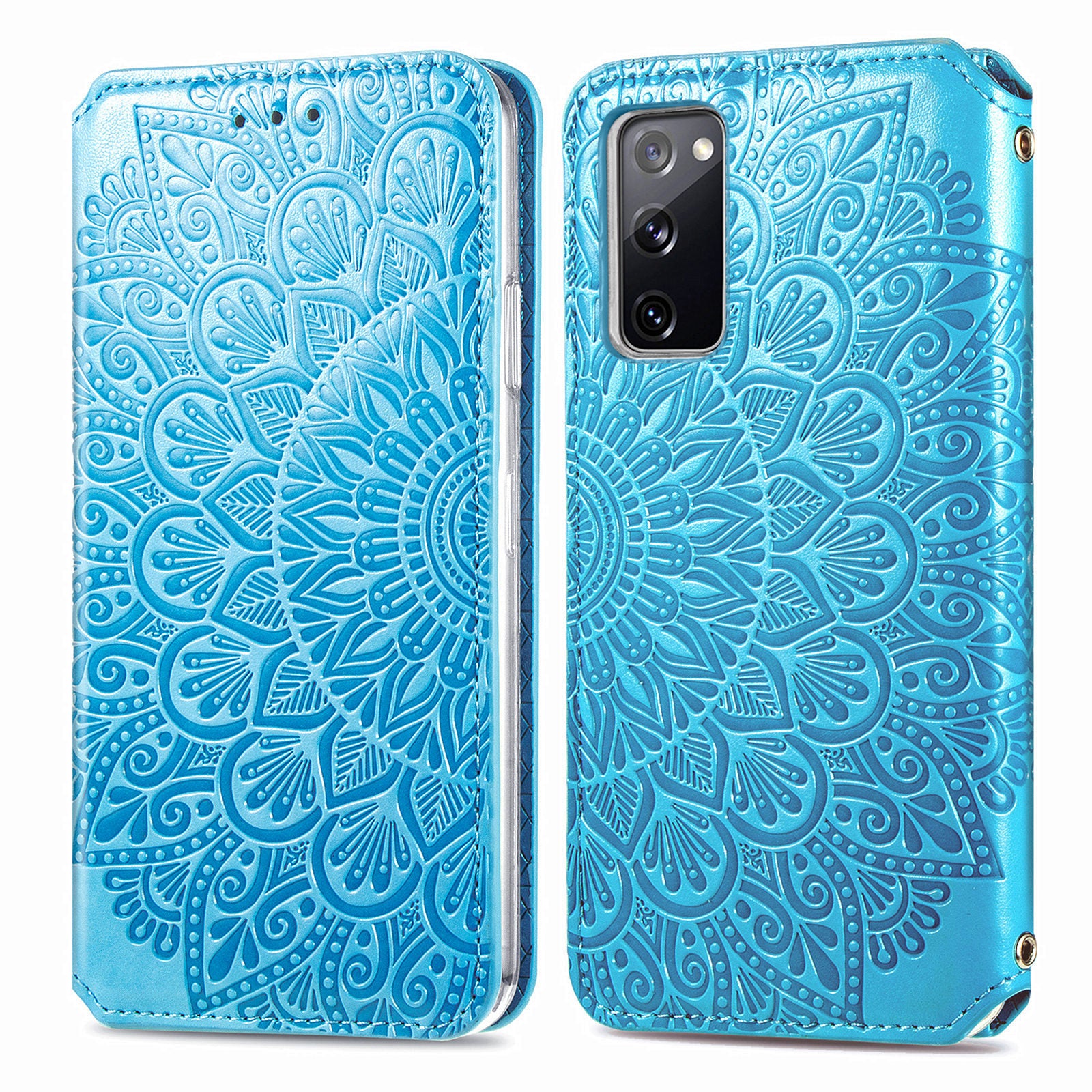 Stand Wallet Design Imprinted Mandala Flower Pattern Auto-absorbed PU Leather Case for Samsung Galaxy S20 FE 4G/FE 5G/S20 Lite/S20 FE 2022  - Blue