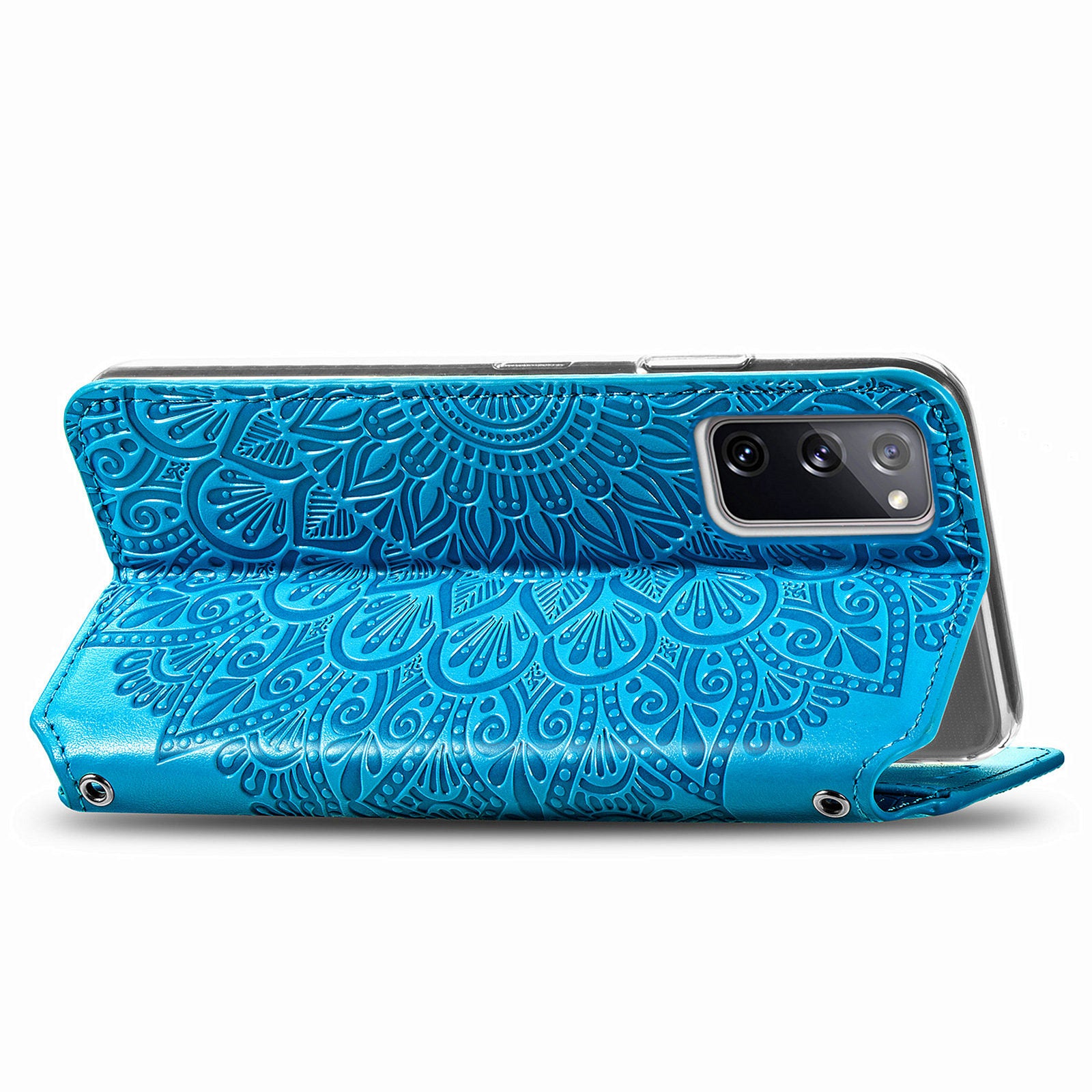 Stand Wallet Design Imprinted Mandala Flower Pattern Auto-absorbed PU Leather Case for Samsung Galaxy S20 FE 4G/FE 5G/S20 Lite/S20 FE 2022  - Blue