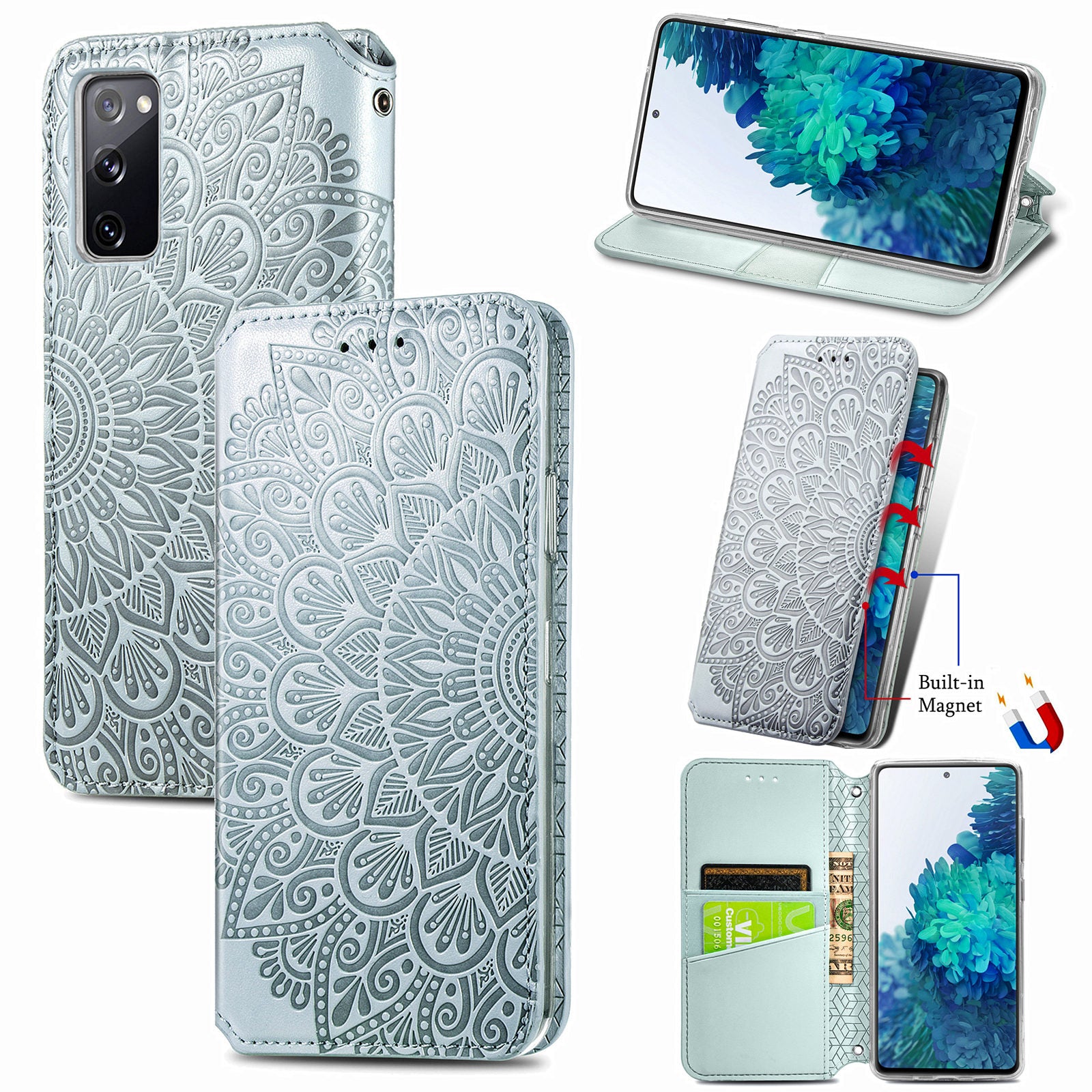 Stand Wallet Design Imprinted Mandala Flower Pattern Auto-absorbed PU Leather Case for Samsung Galaxy S20 FE 4G/FE 5G/S20 Lite/S20 FE 2022  - Grey