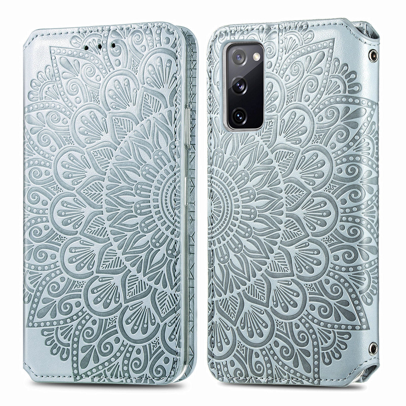 Stand Wallet Design Imprinted Mandala Flower Pattern Auto-absorbed PU Leather Case for Samsung Galaxy S20 FE 4G/FE 5G/S20 Lite/S20 FE 2022  - Grey