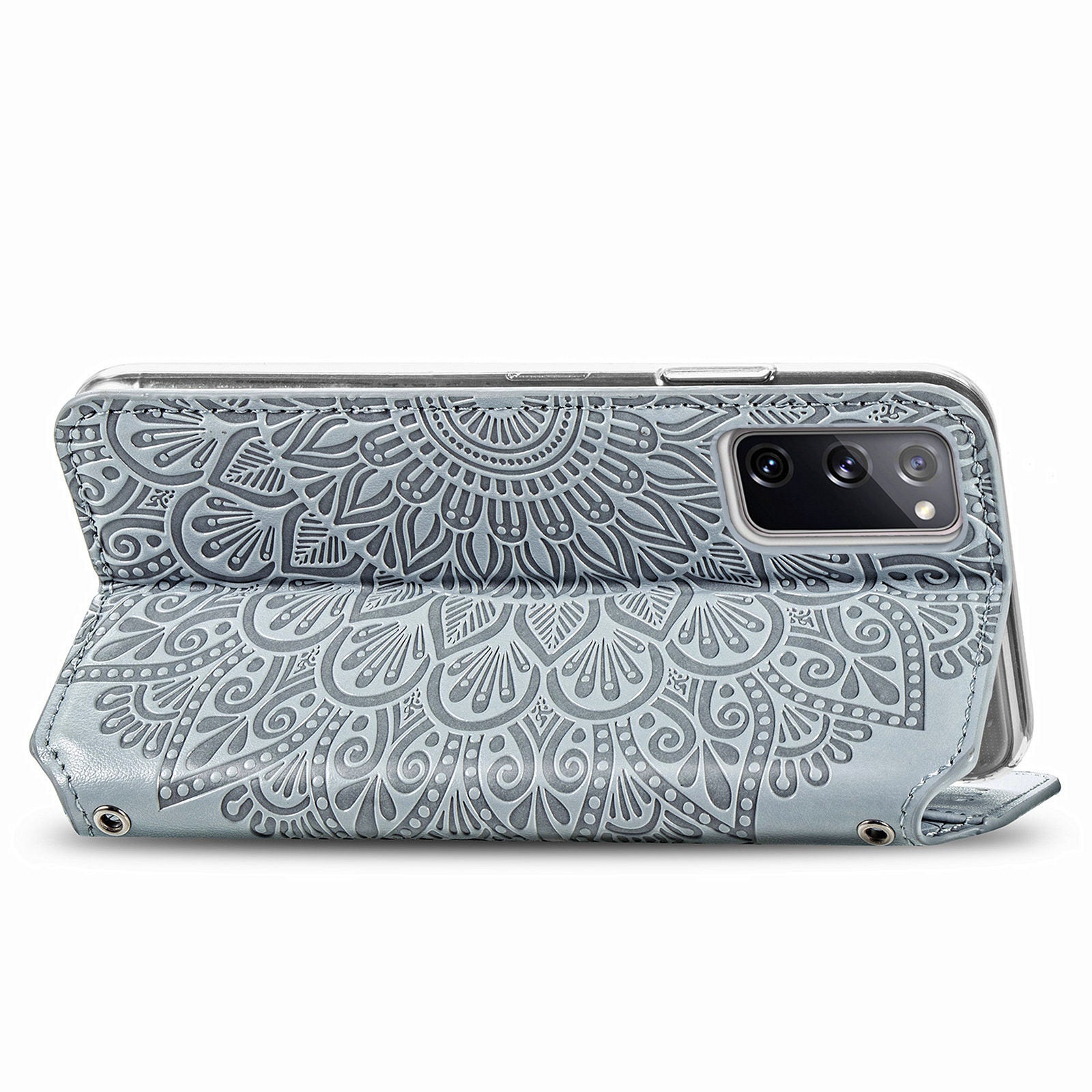 Stand Wallet Design Imprinted Mandala Flower Pattern Auto-absorbed PU Leather Case for Samsung Galaxy S20 FE 4G/FE 5G/S20 Lite/S20 FE 2022  - Grey