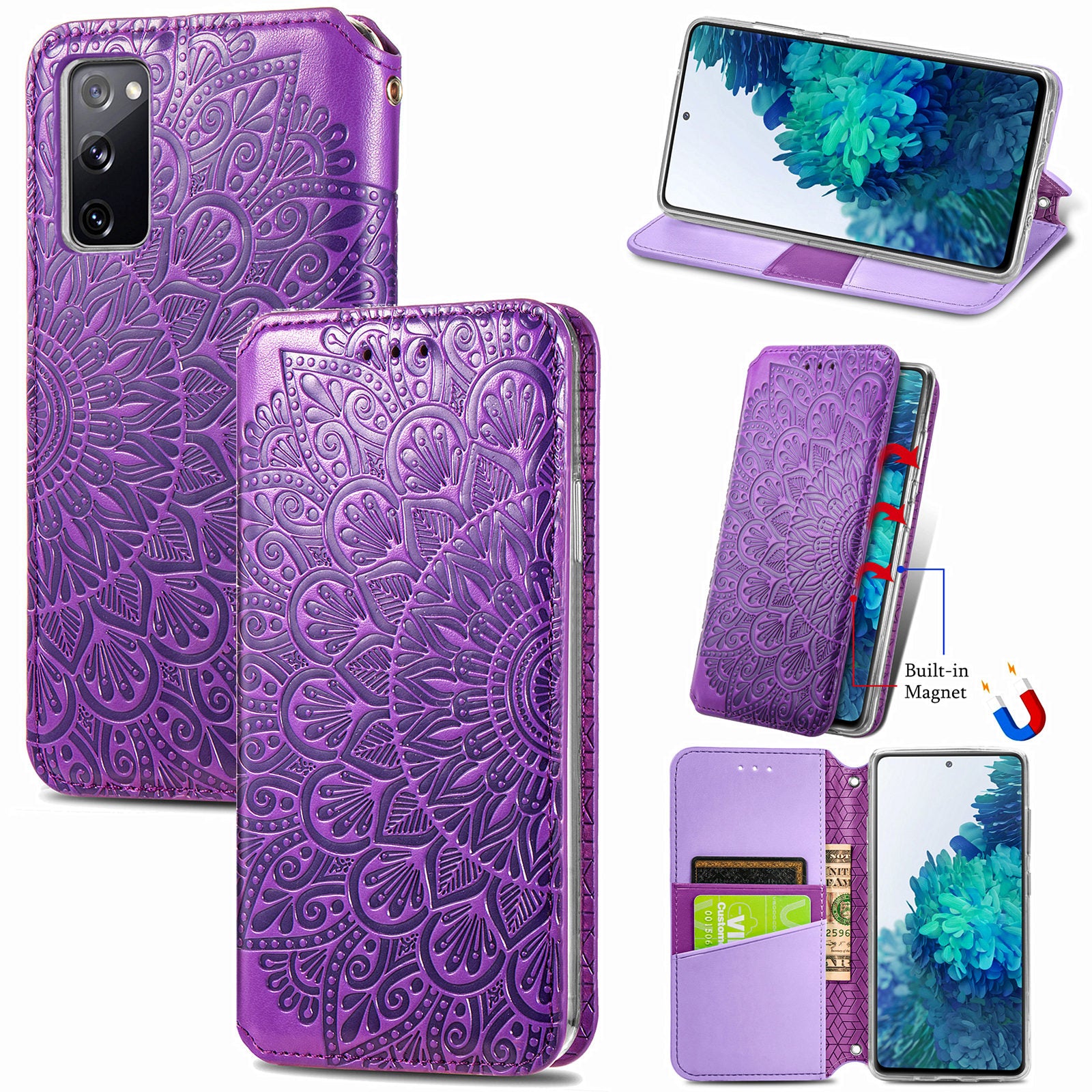 Stand Wallet Design Imprinted Mandala Flower Pattern Auto-absorbed PU Leather Case for Samsung Galaxy S20 FE 4G/FE 5G/S20 Lite/S20 FE 2022  - Purple