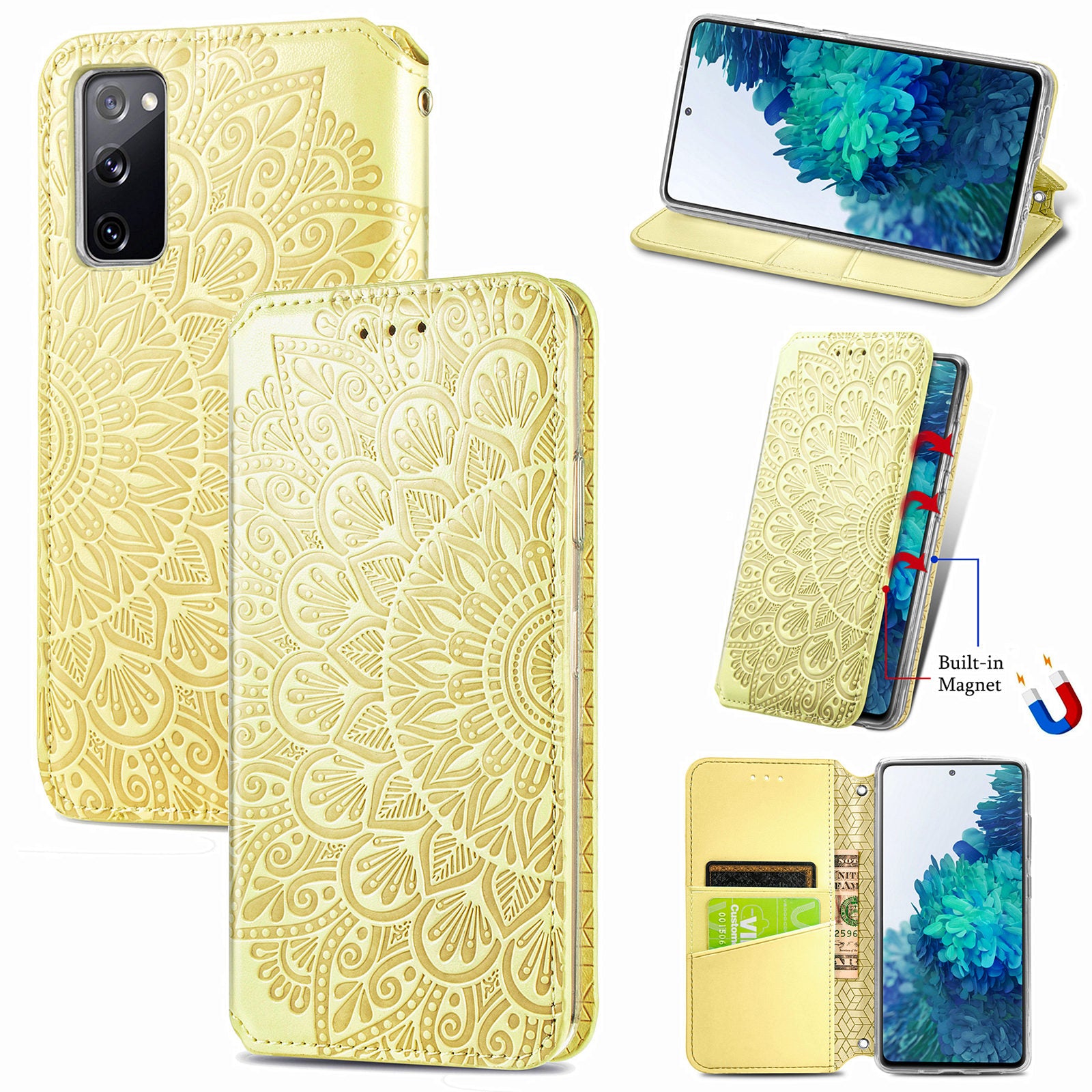 Stand Wallet Design Imprinted Mandala Flower Pattern Auto-absorbed PU Leather Case for Samsung Galaxy S20 FE 4G/FE 5G/S20 Lite/S20 FE 2022  - Yellow