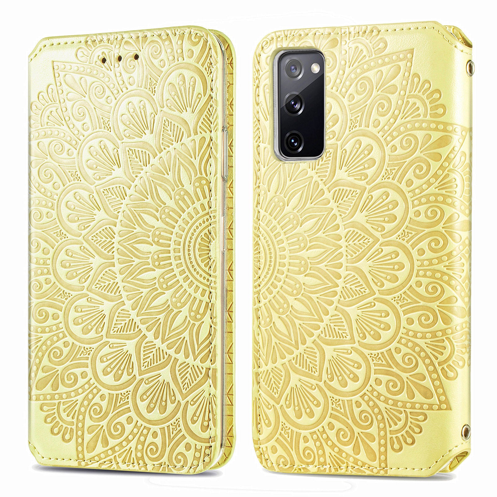 Stand Wallet Design Imprinted Mandala Flower Pattern Auto-absorbed PU Leather Case for Samsung Galaxy S20 FE 4G/FE 5G/S20 Lite/S20 FE 2022  - Yellow