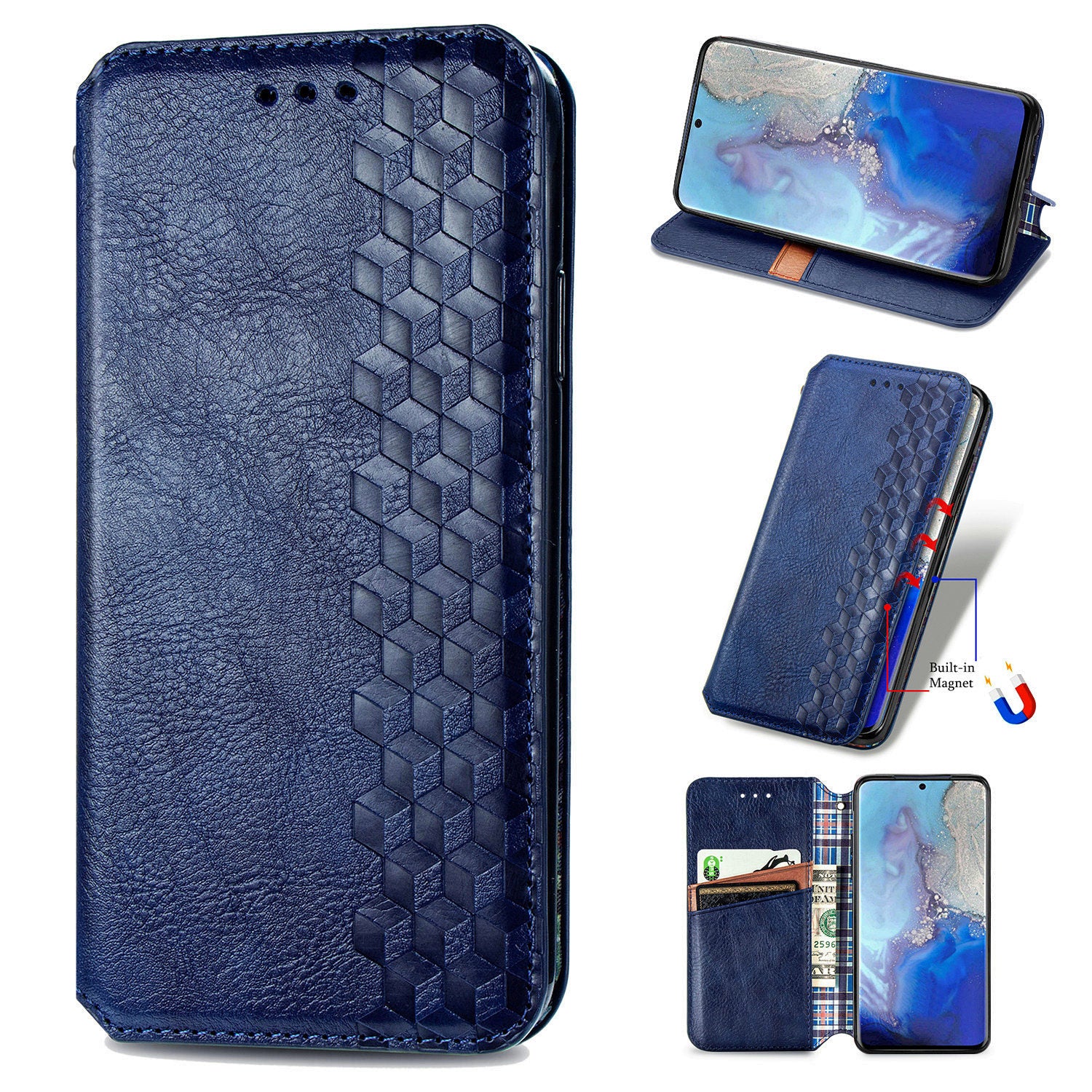 Fashionable Auto-absorbed Rhombus Texture PU Leather Wallet Phone Cover for Samsung Galaxy S20 4G/S20 5G - Blue