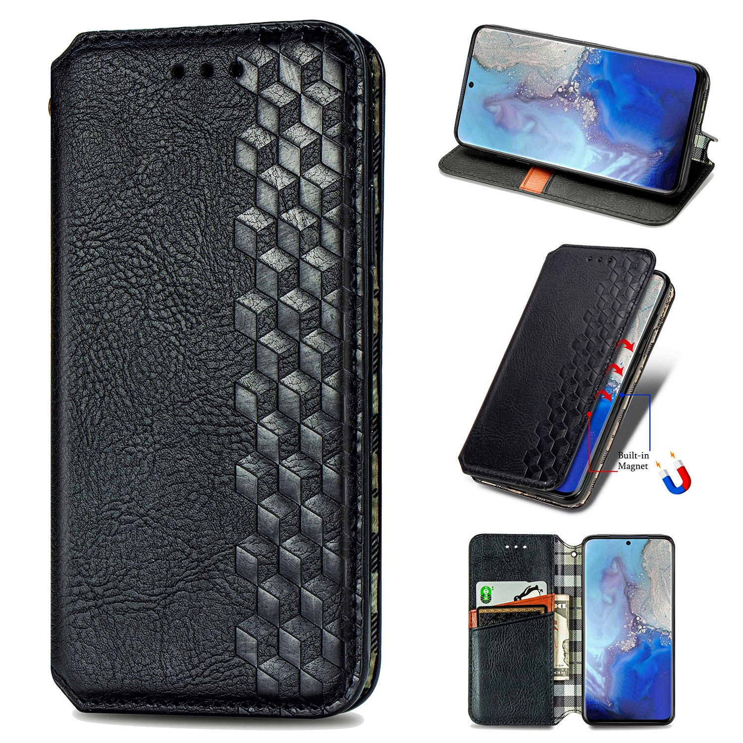 Fashionable Auto-absorbed Rhombus Texture PU Leather Wallet Phone Cover for Samsung Galaxy S20 4G/S20 5G - Black