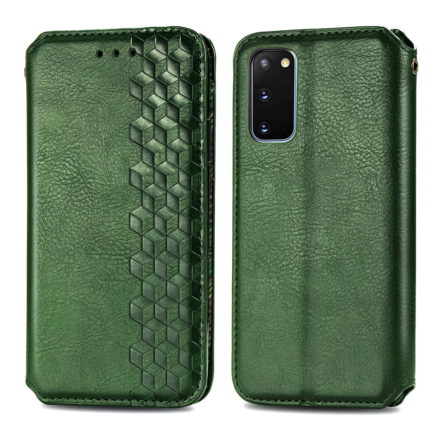 Fashionable Auto-absorbed Rhombus Texture PU Leather Wallet Phone Cover for Samsung Galaxy S20 4G/S20 5G - Green