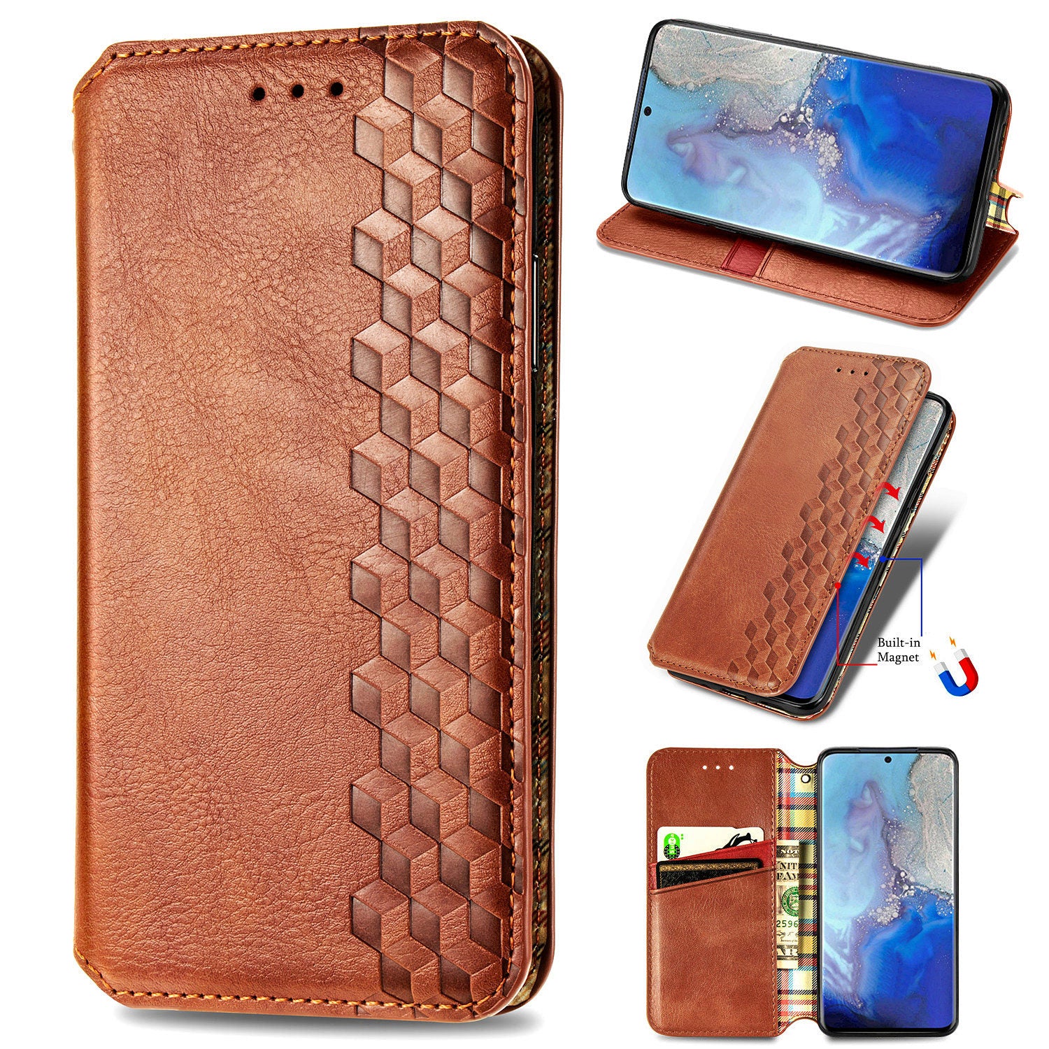 Fashionable Auto-absorbed Rhombus Texture PU Leather Wallet Phone Cover for Samsung Galaxy S20 4G/S20 5G - Light Brown