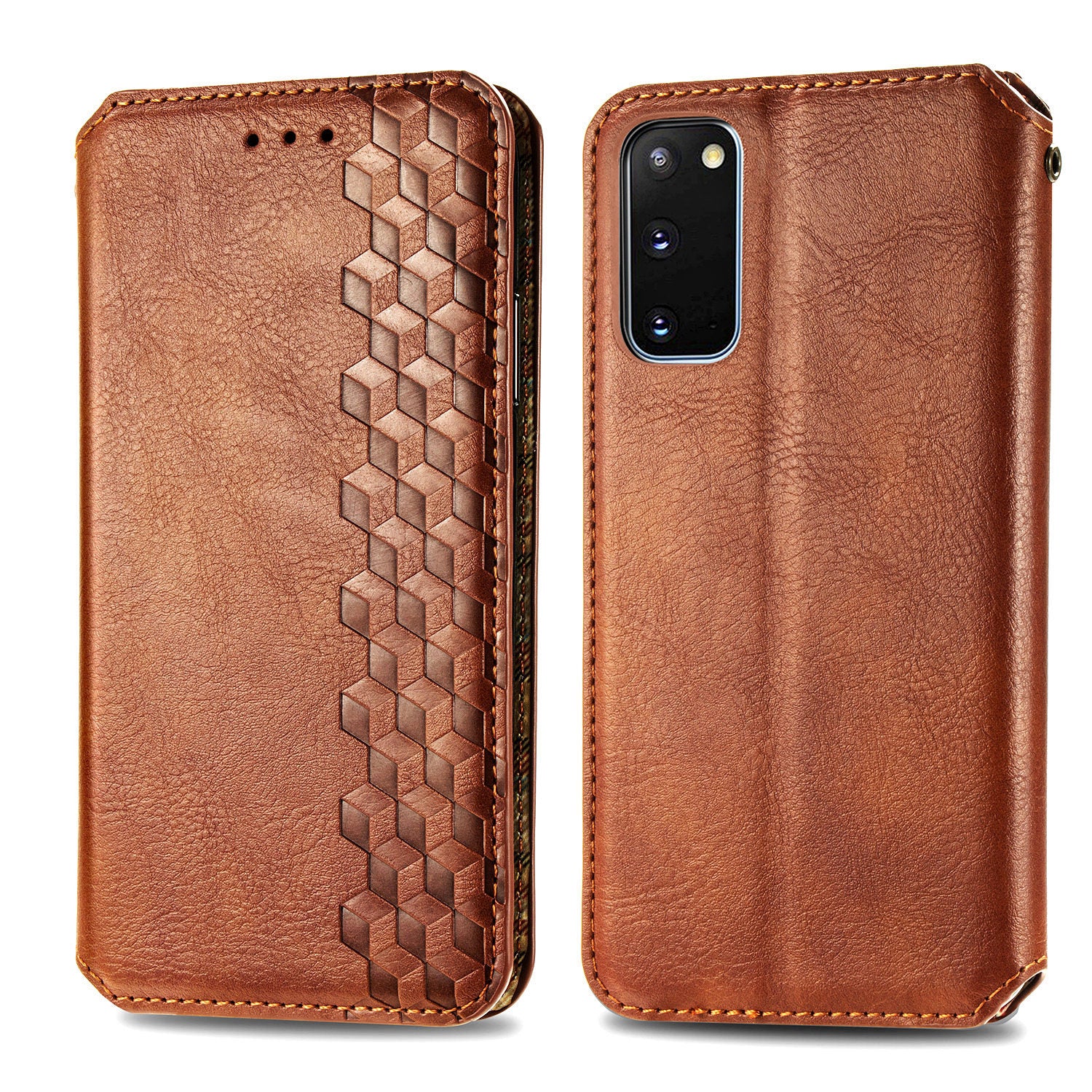 Fashionable Auto-absorbed Rhombus Texture PU Leather Wallet Phone Cover for Samsung Galaxy S20 4G/S20 5G - Light Brown