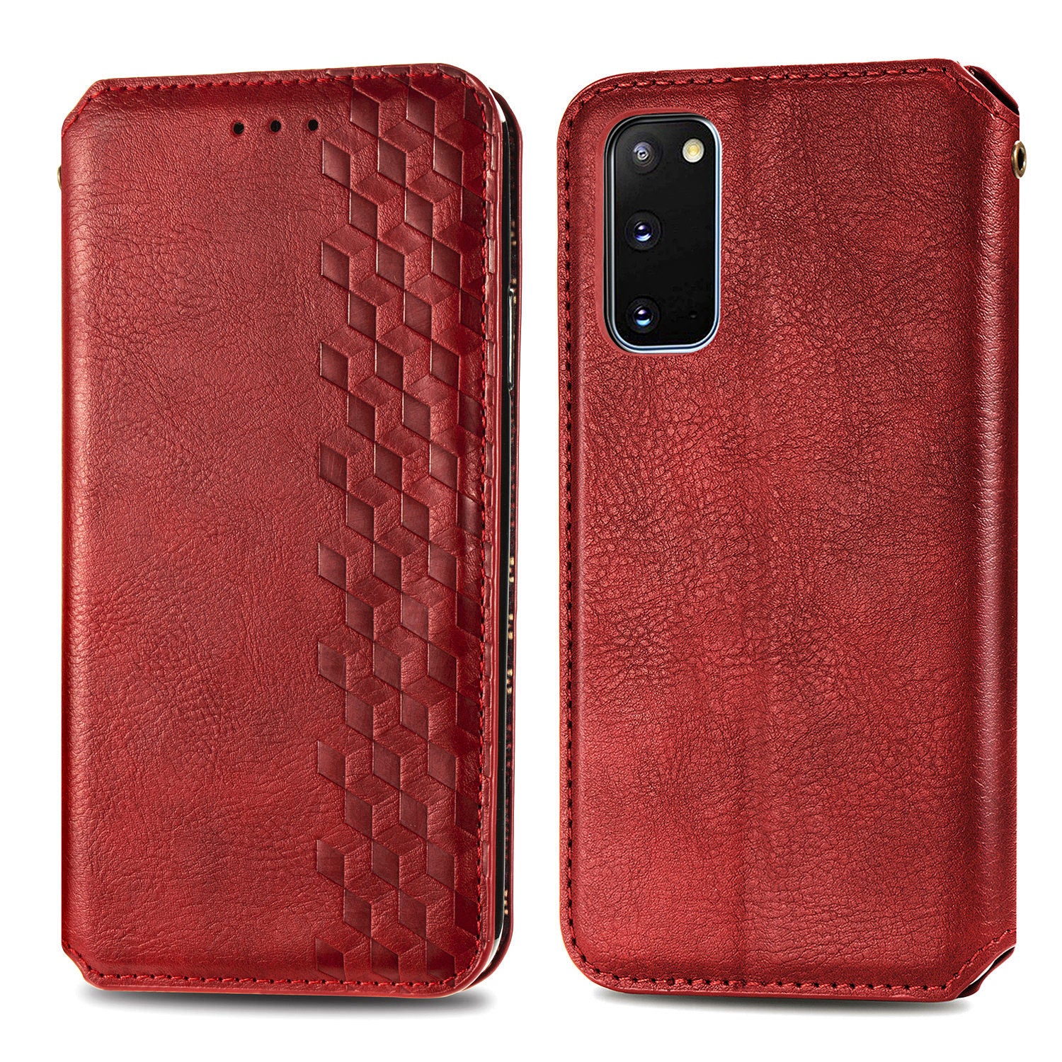 Fashionable Auto-absorbed Rhombus Texture PU Leather Wallet Phone Cover for Samsung Galaxy S20 4G/S20 5G - Red