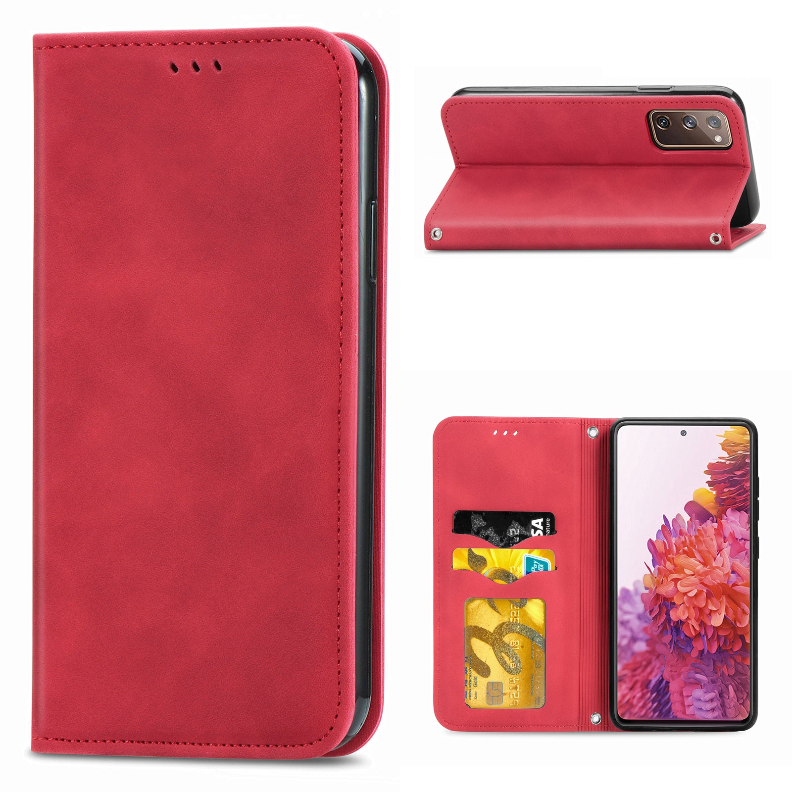 Auto-absorbed Vintage Style Leather Phone Case Cover for Samsung Galaxy S20 FE 4G/FE 5G/S20 Lite/S20 FE 2022  - Red