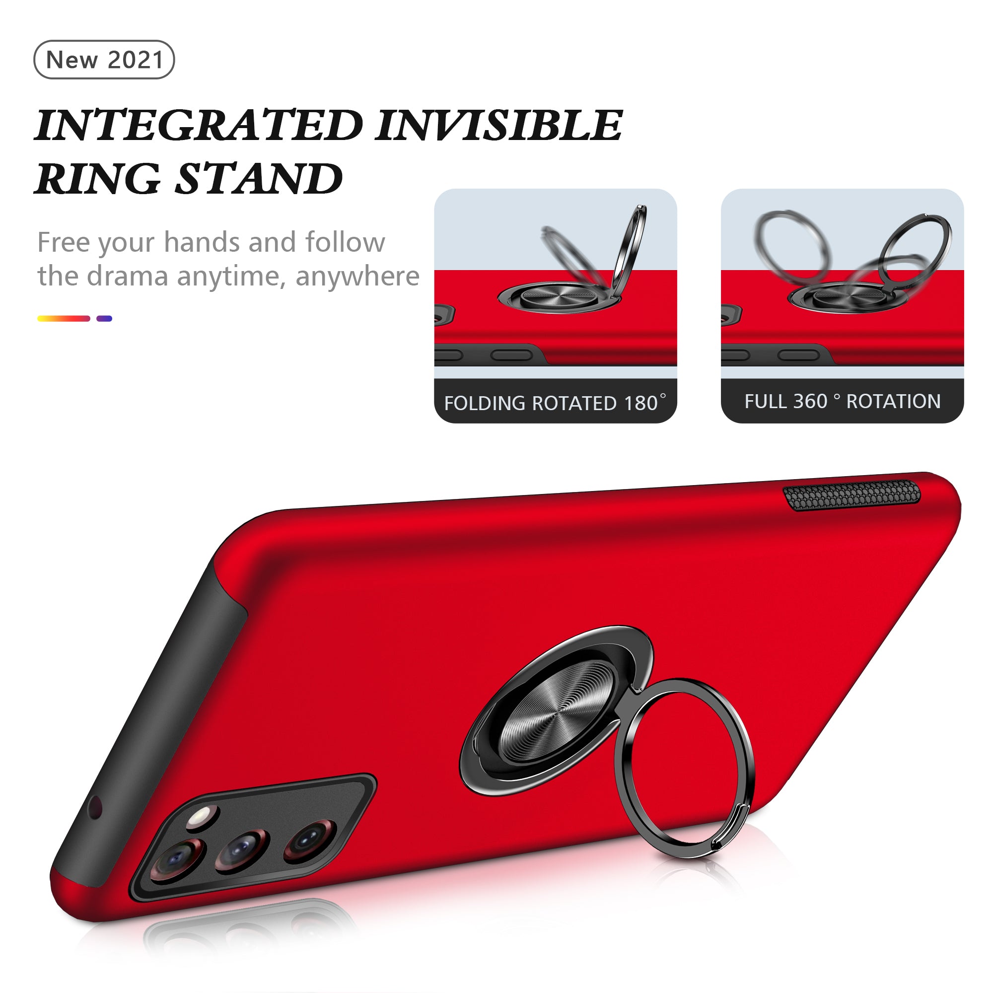 Ring Shape Kickstand Design Shock Absorption Hybrid Phone Case Cover for Samsung Galaxy S20 FE/S20 Fan Edition/S20 FE 5G/S20 Fan Edition 5G/S20 Lite/S20 FE 2022 - Red