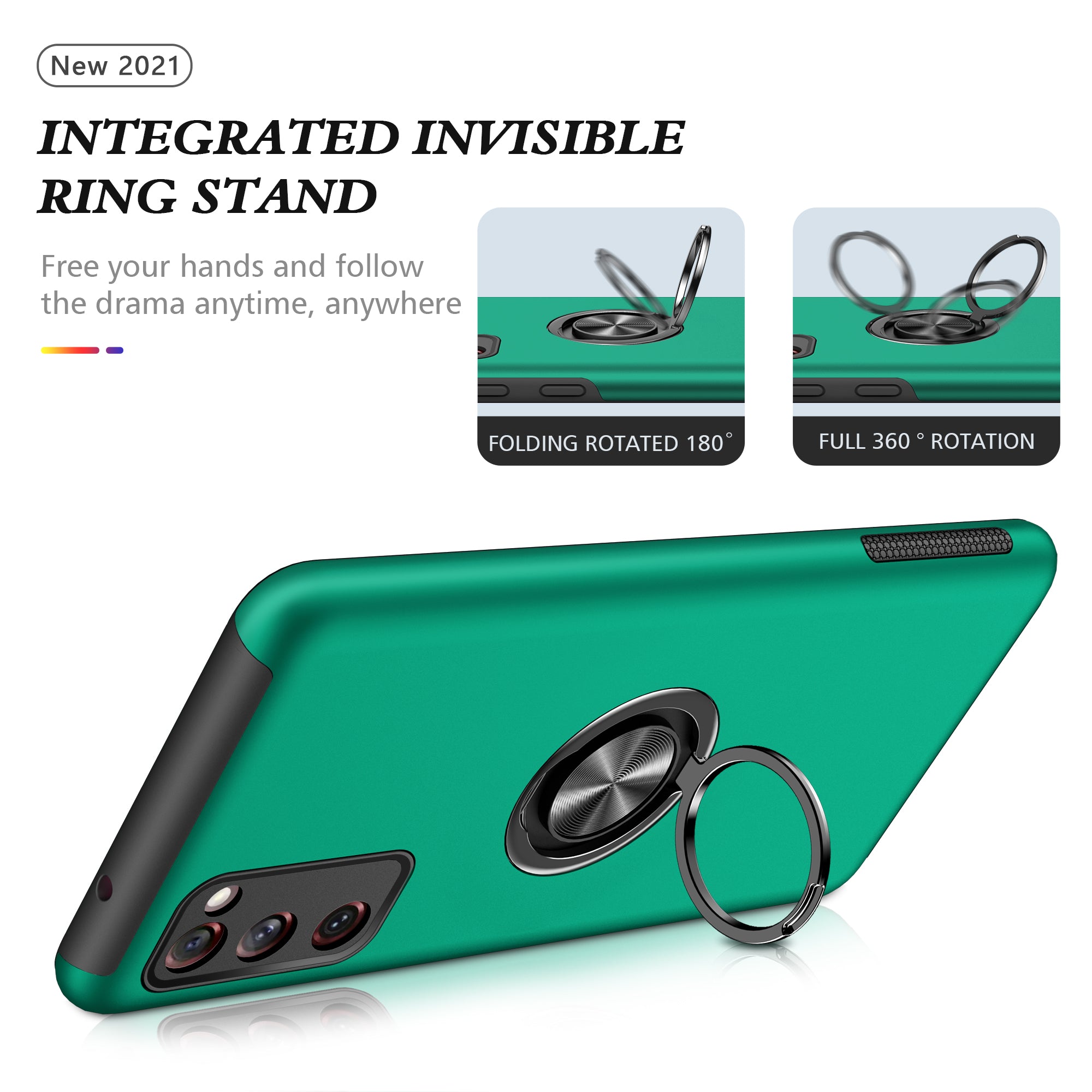 Ring Shape Kickstand Design Shock Absorption Hybrid Phone Case Cover for Samsung Galaxy S20 FE/S20 Fan Edition/S20 FE 5G/S20 Fan Edition 5G/S20 Lite/S20 FE 2022 - Blackish Green