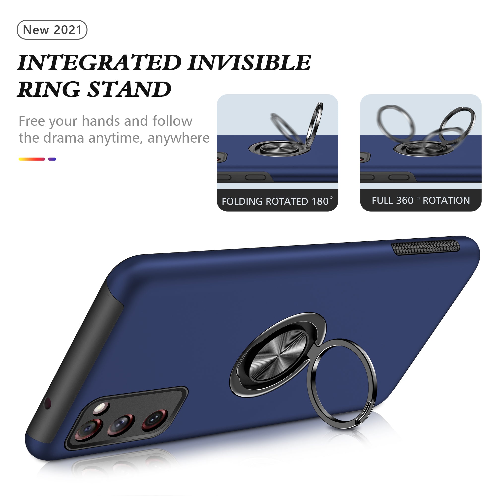 Ring Shape Kickstand Design Shock Absorption Hybrid Phone Case Cover for Samsung Galaxy S20 FE/S20 Fan Edition/S20 FE 5G/S20 Fan Edition 5G/S20 Lite/S20 FE 2022 - Navy Blue