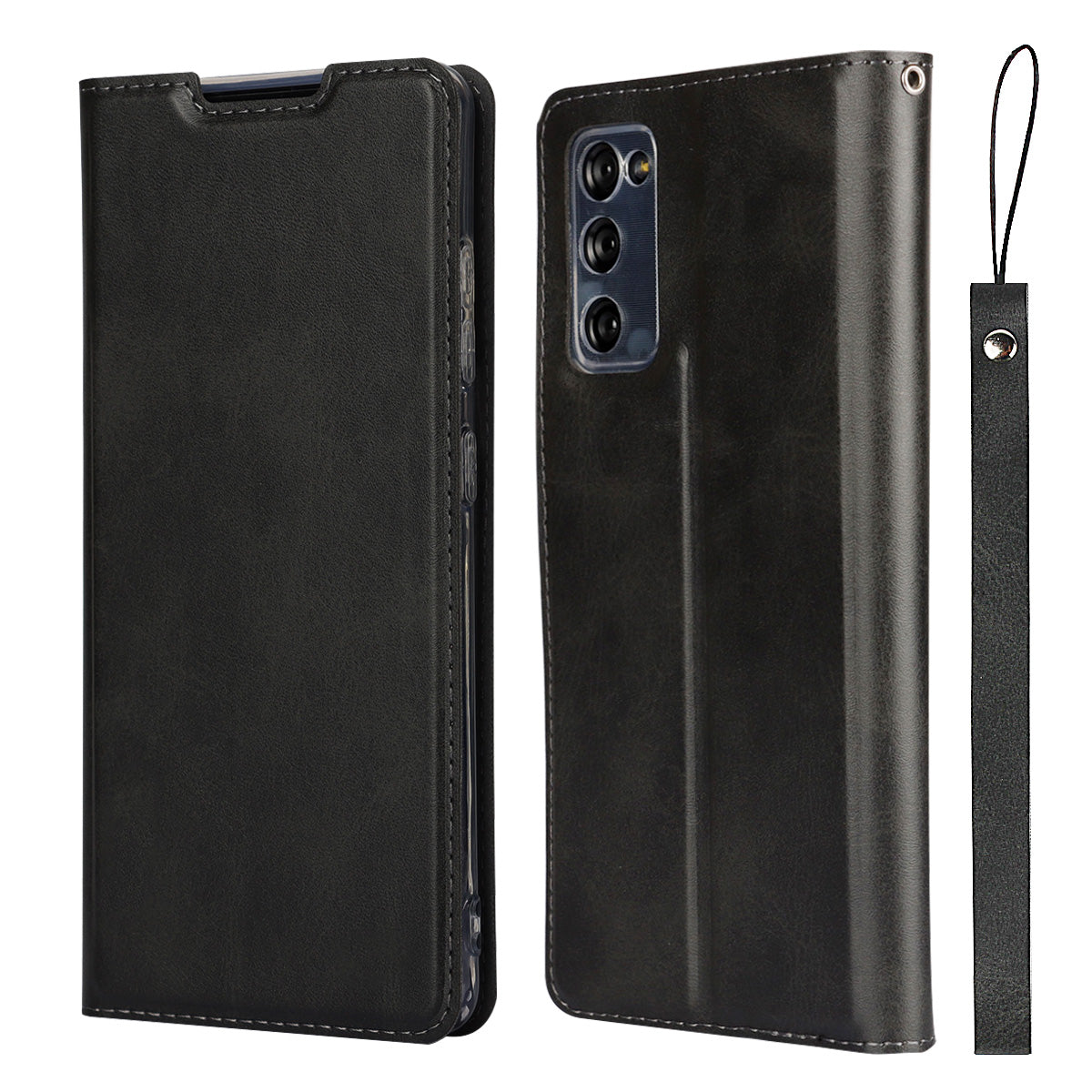 Card Slot Phone Cover Leather Stand Case with Strap for Samsung Galaxy S20 FE/S20 Fan Edition/S20 FE 5G/S20 Fan Edition 5G - Black