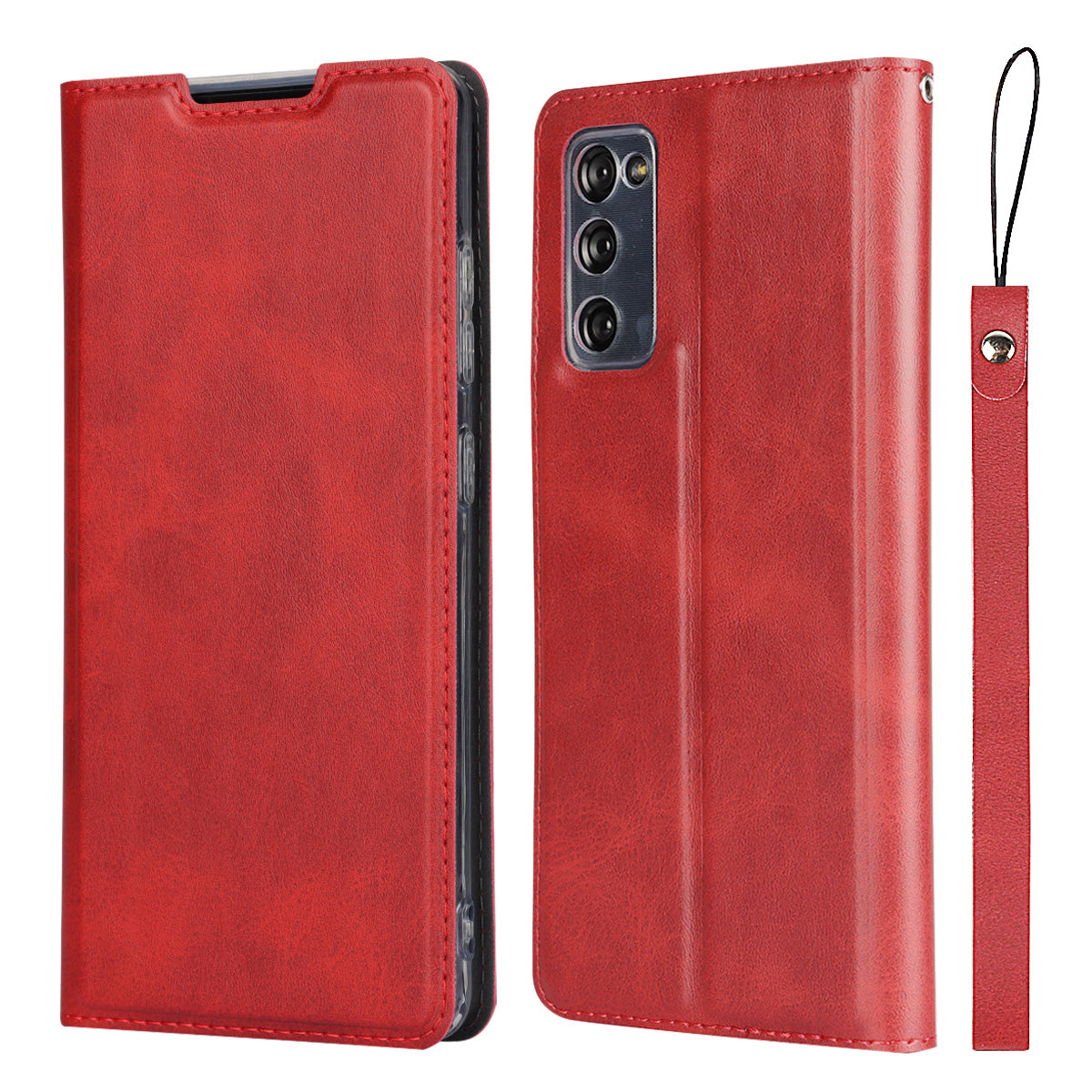 Card Slot Phone Cover Leather Stand Case with Strap for Samsung Galaxy S20 FE/S20 Fan Edition/S20 FE 5G/S20 Fan Edition 5G - Red